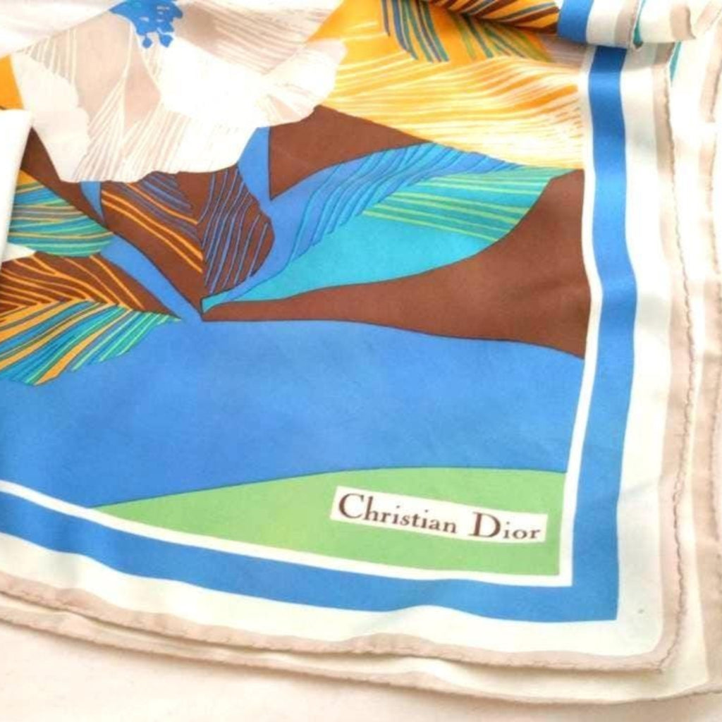 Christian Dior Vintage Silk Scarf – 1980s Floral Square Scarf, Blue & Cream Headscarf, Luxury Gift for Her