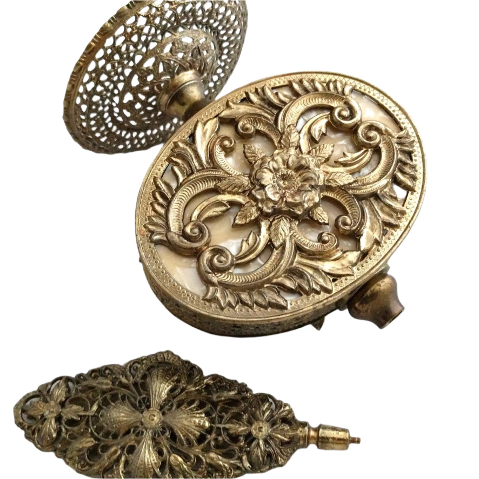 Antique Ormolu Perfume Bottle – Gold Brass Filigree, Collectible Vanity Piece