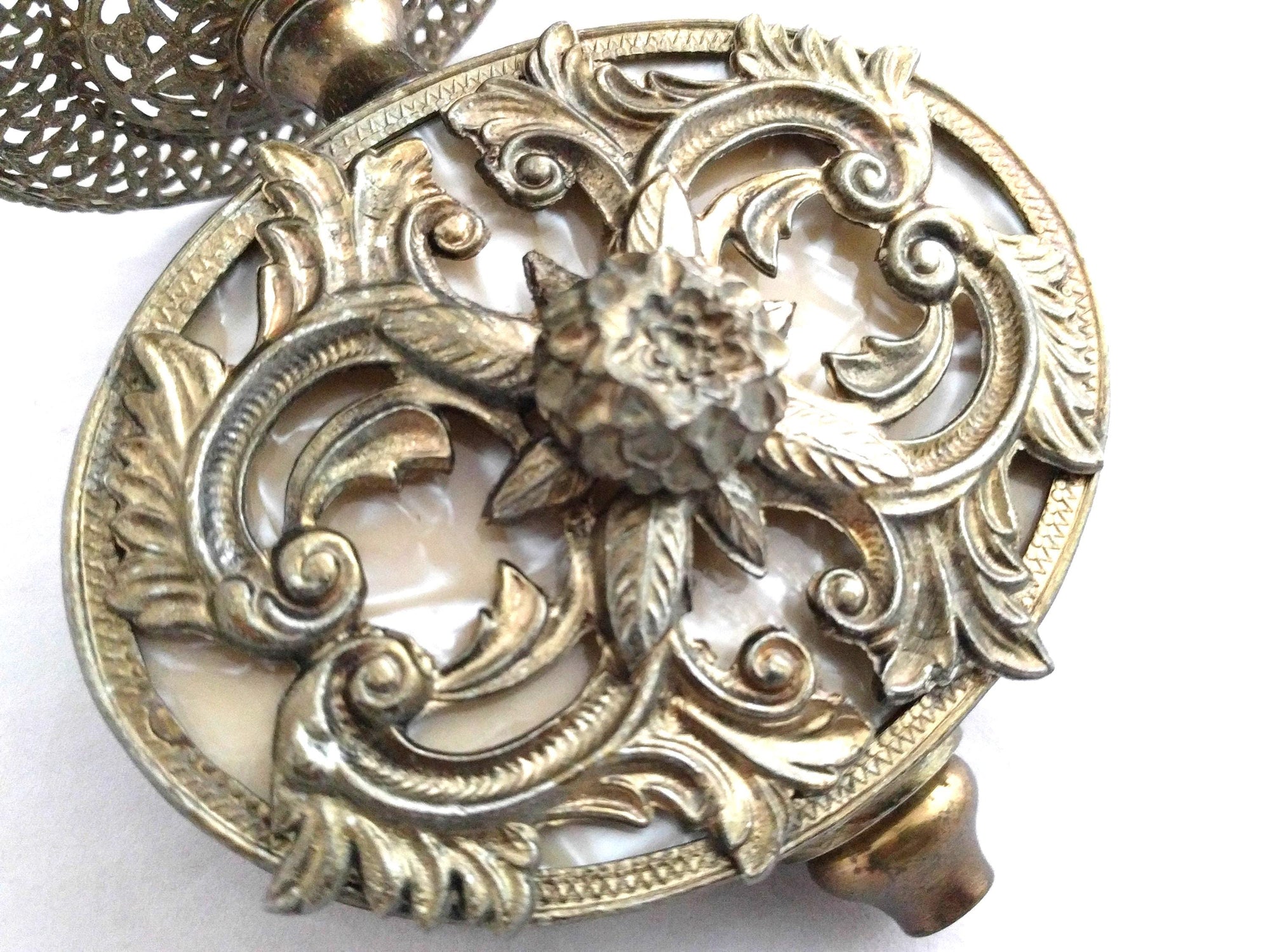 Antique Ormolu Perfume Bottle – Gold Brass Filigree, Collectible Vanity Piece