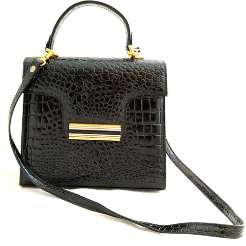 Vintage 1980s Black Embossed Leather Handbag – Elegant Shoulder Bag, Classic 80s Style, Beautiful Textured Leather