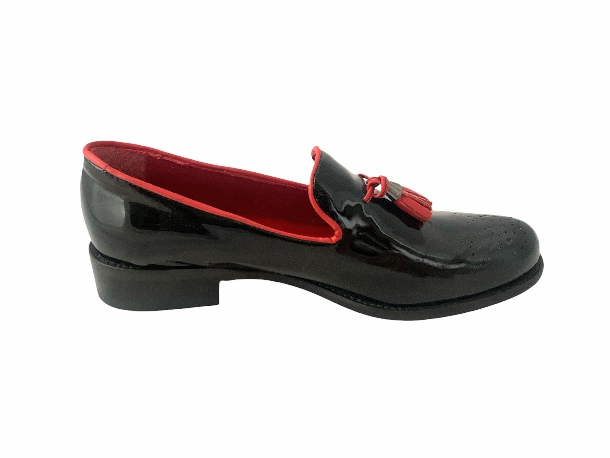 Luxury Girotti loafers, slip-on shoes with delicate detailing, black and red patent