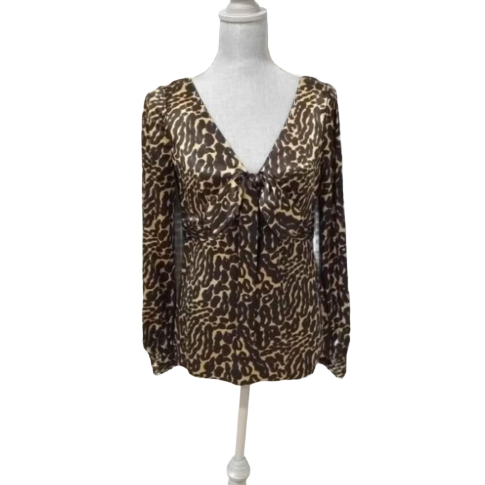 Tory Burch Stevie Silk Leopard Print Blouse – 100% Silk, Size S/M, Bow Neckline, Hidden Zip, Designer Preloved Top, Animal Print