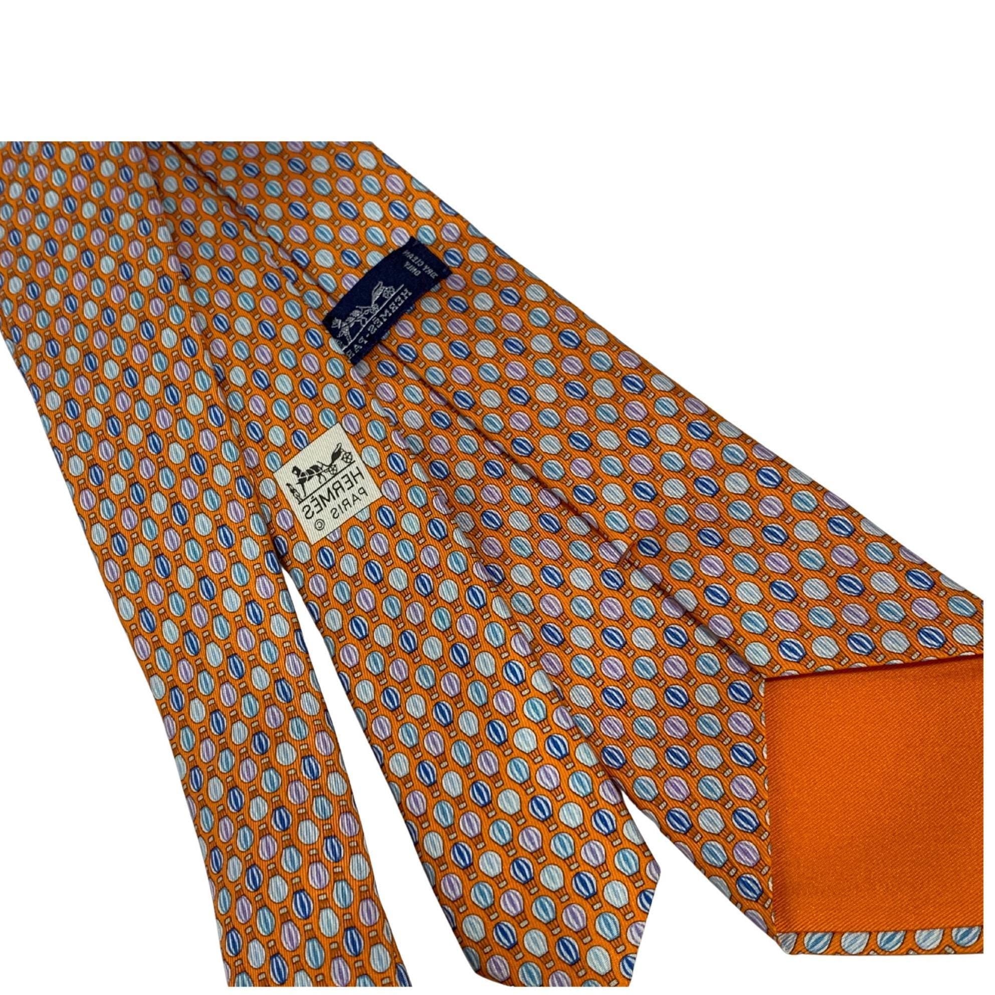 Hermes Silk Tie – Hot Air Balloon Motif, Orange with Lilac, Blue & White, Made in France, 100% Silk Necktie, Preloved Gift Idea