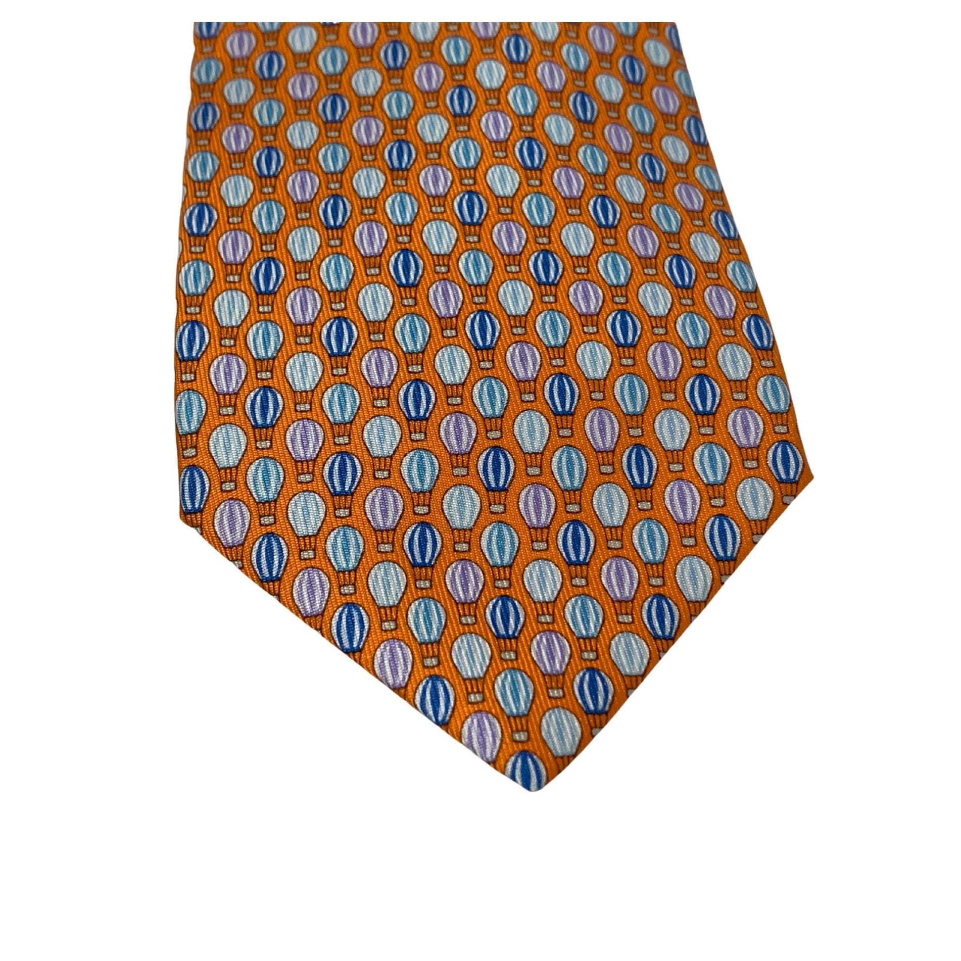 Hermes Silk Tie – Hot Air Balloon Motif, Orange with Lilac, Blue & White, Made in France, 100% Silk Necktie, Preloved Gift Idea