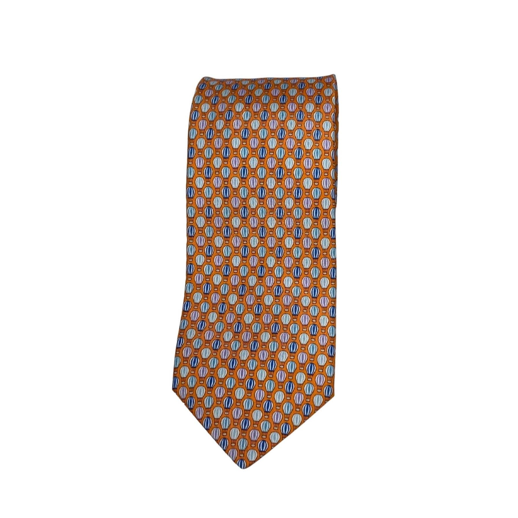 Hermes Silk Tie – Hot Air Balloon Motif, Orange with Lilac, Blue & White, Made in France, 100% Silk Necktie, Preloved Gift Idea