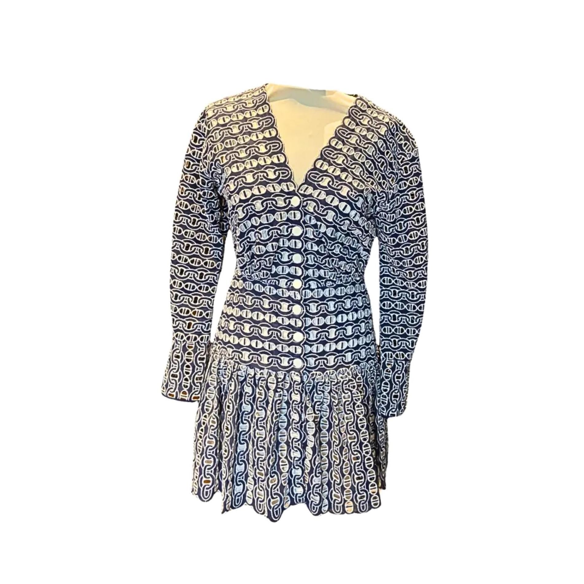 Sandro Paris Chain Eyelet Minidress – Blue & White Scalloped Dress, Size M, Fully Lined, Flattering Fit, Preloved