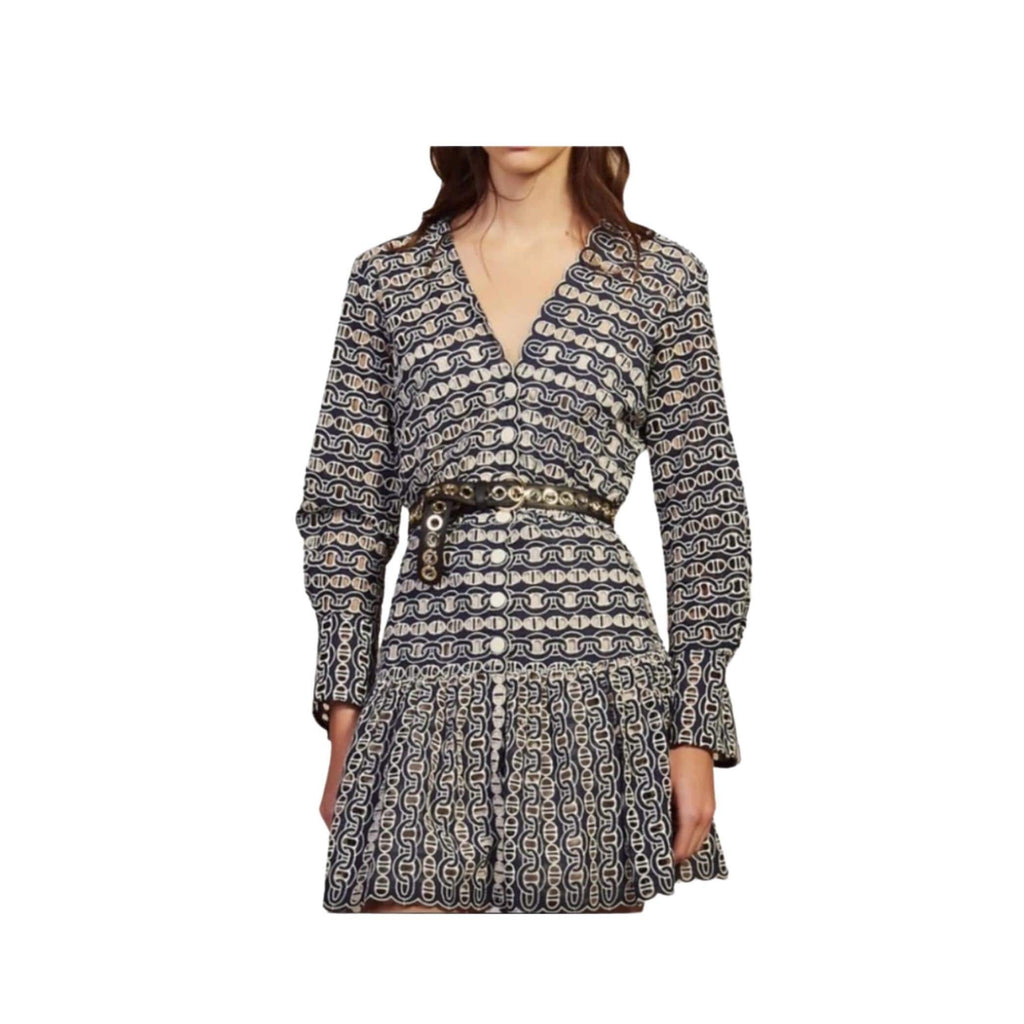 Sandro Paris blue and white scalloped eyelet mini dress, size medium