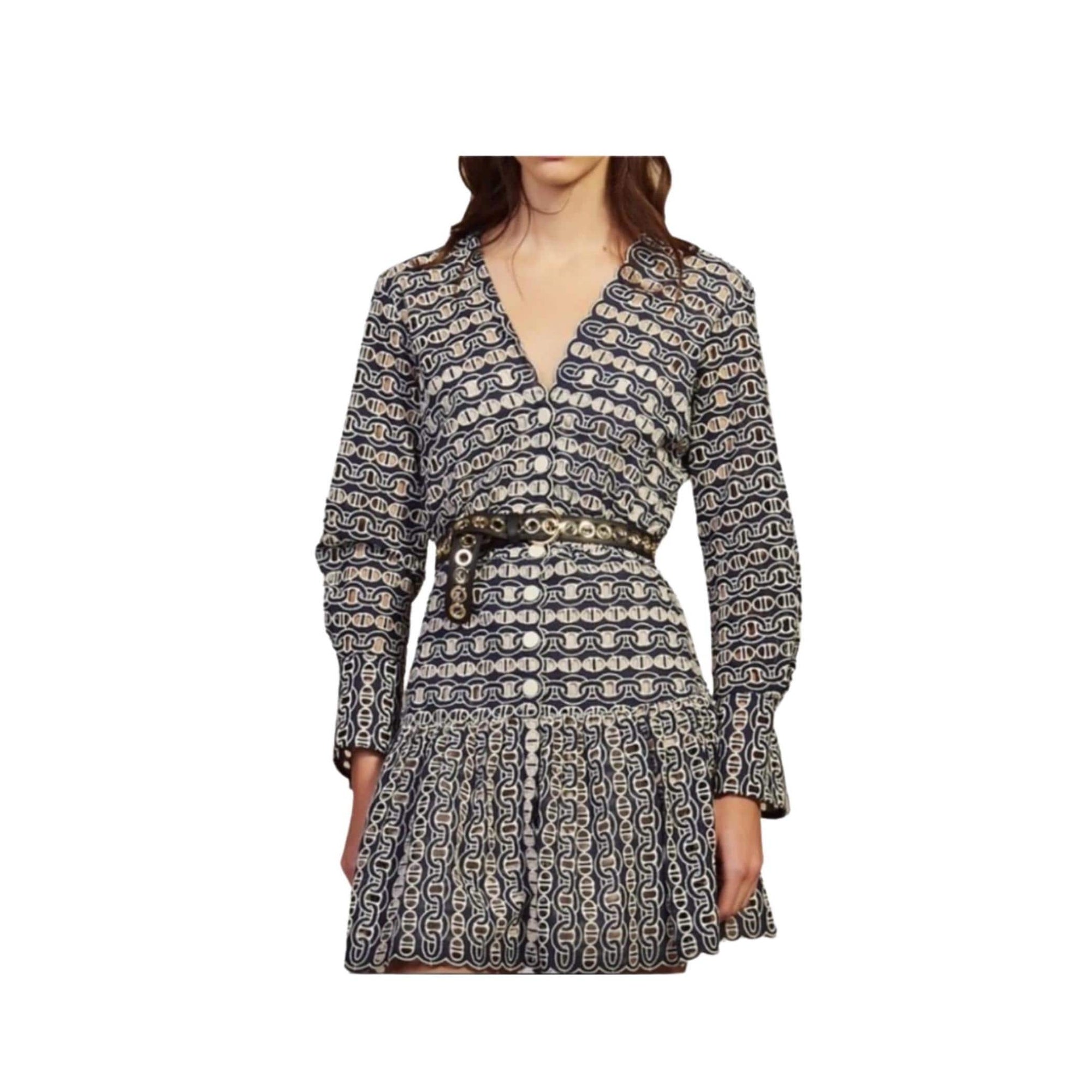 Sandro Paris blue and white scalloped eyelet mini dress, size medium