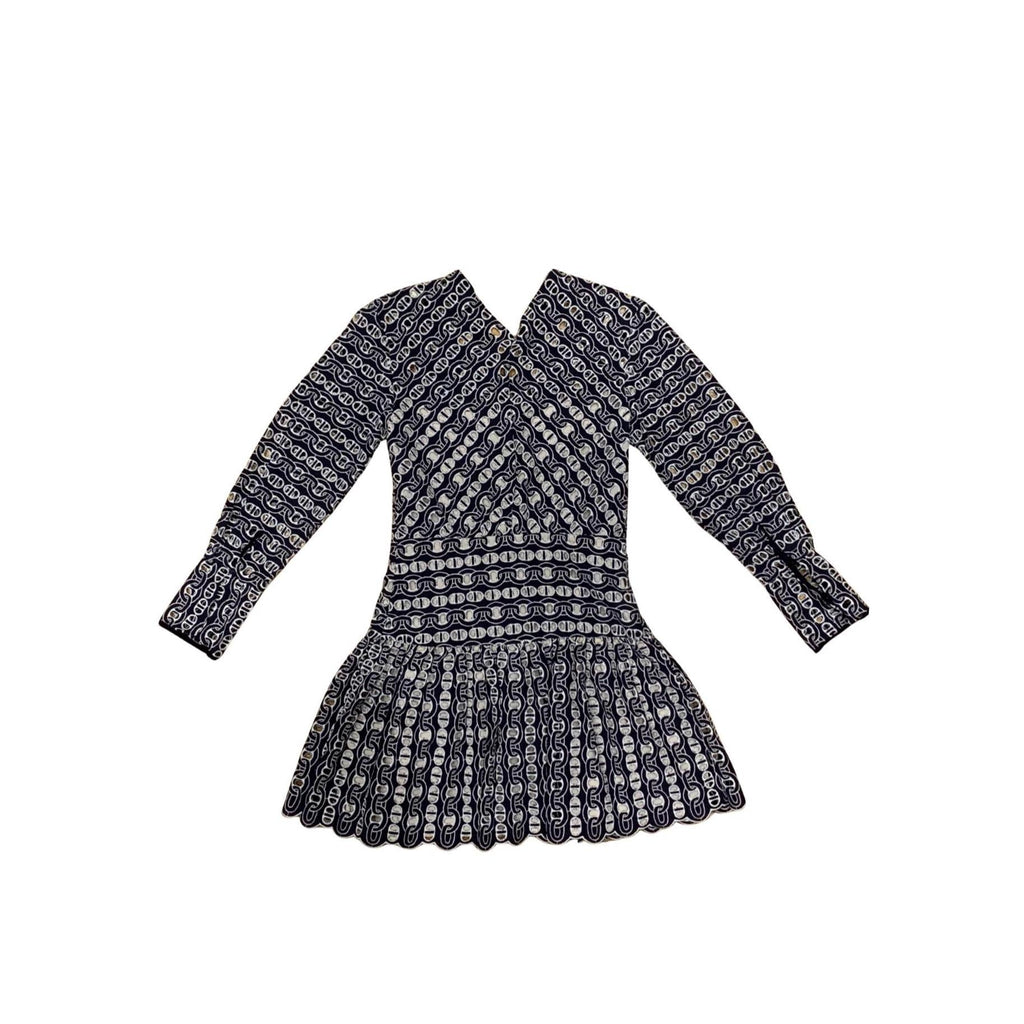Sandro Paris Chain Eyelet Minidress – Blue & White Scalloped Dress, Size M, Fully Lined, Flattering Fit, Preloved