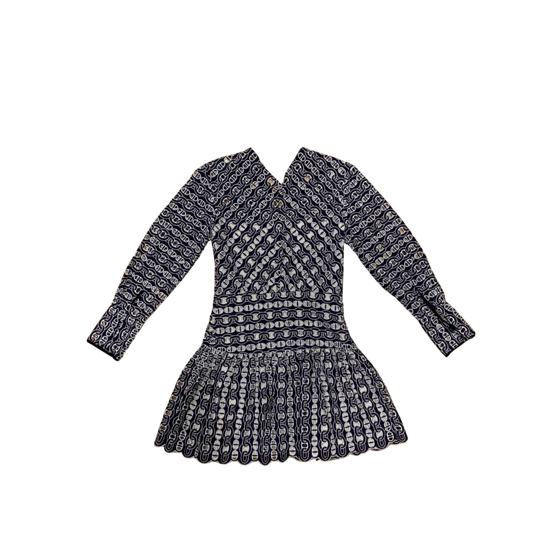 Sandro Paris Chain Eyelet Minidress – Blue & White Scalloped Dress, Size M, Fully Lined, Flattering Fit, Preloved