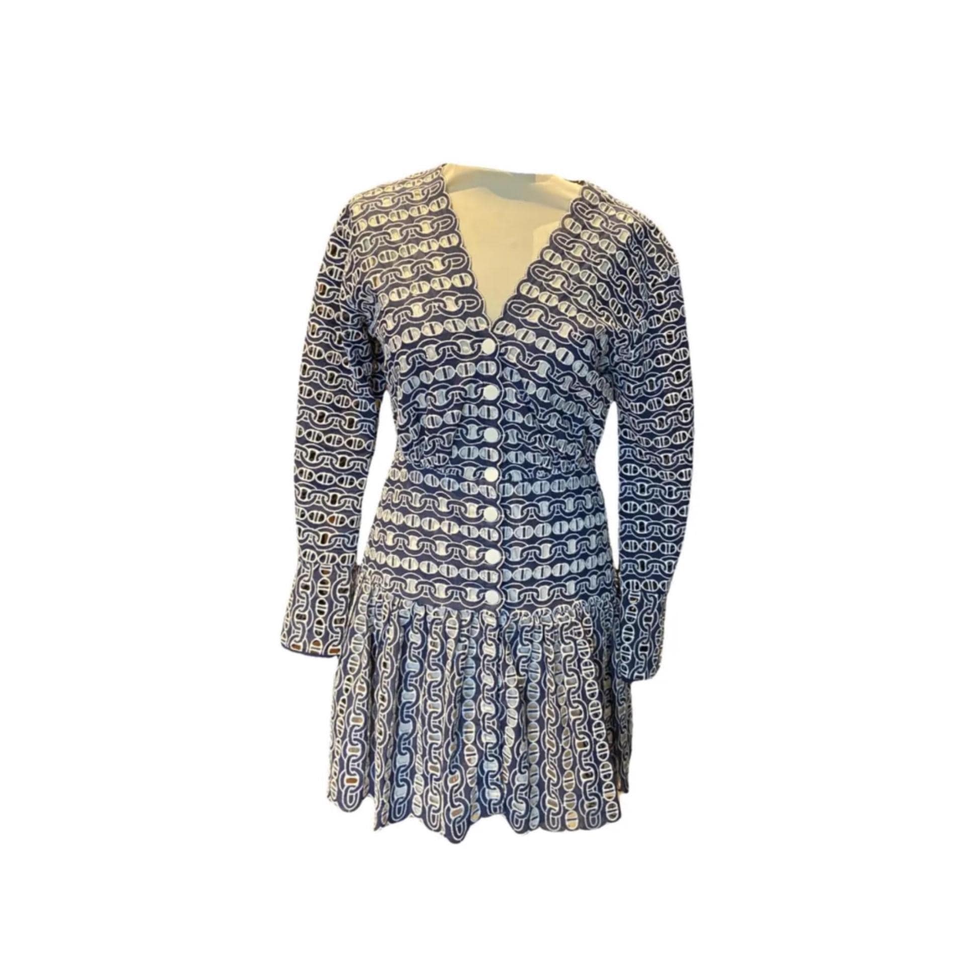 Sandro Paris Chain Eyelet Minidress – Blue & White Scalloped Dress, Size M, Fully Lined, Flattering Fit, Preloved