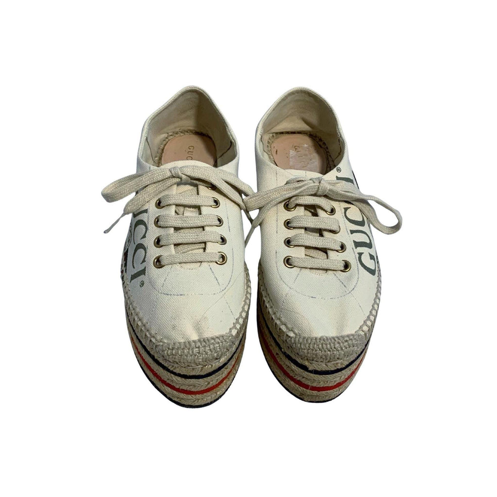 Gucci Canvas Platform Espadrille Sneakers – Web Accent, Interlocking G, Jute Trim, Lace-Up, Size 37.5, Authentic Designer Shoes