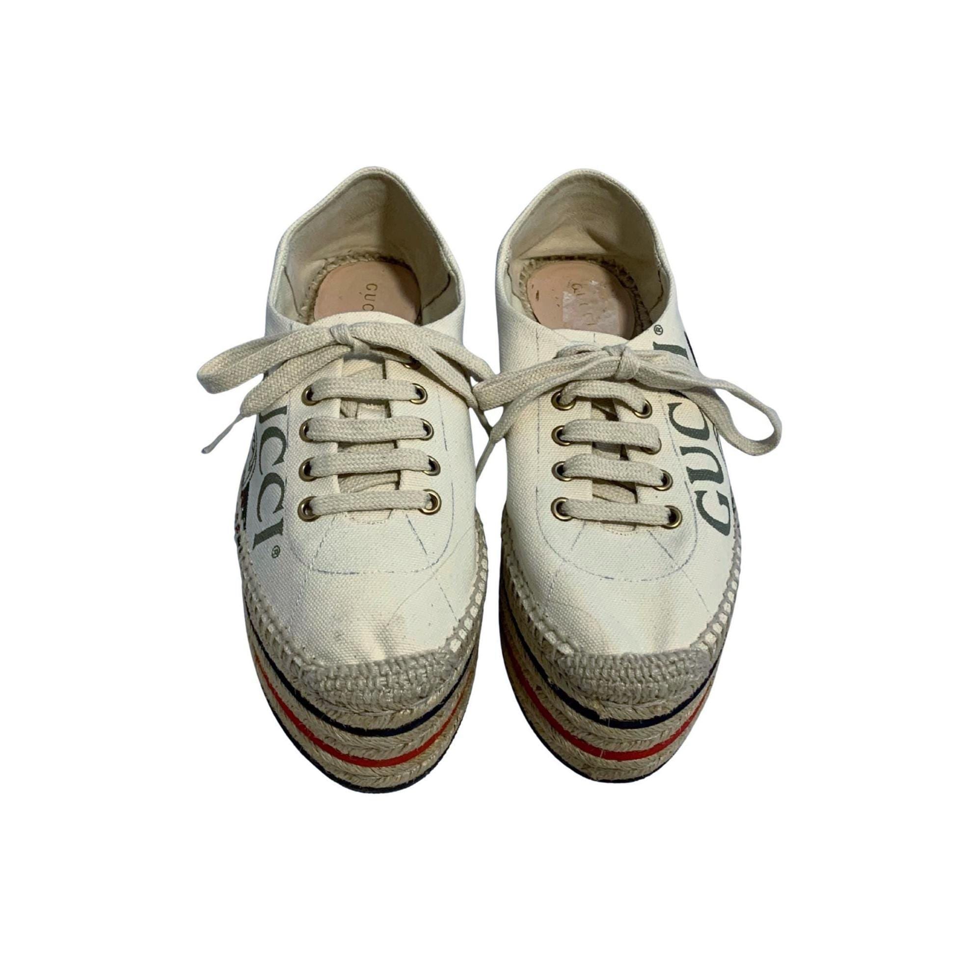 Gucci Canvas Platform Espadrille Sneakers – Web Accent, Interlocking G, Jute Trim, Lace-Up, Size 37.5, Authentic Designer Shoes