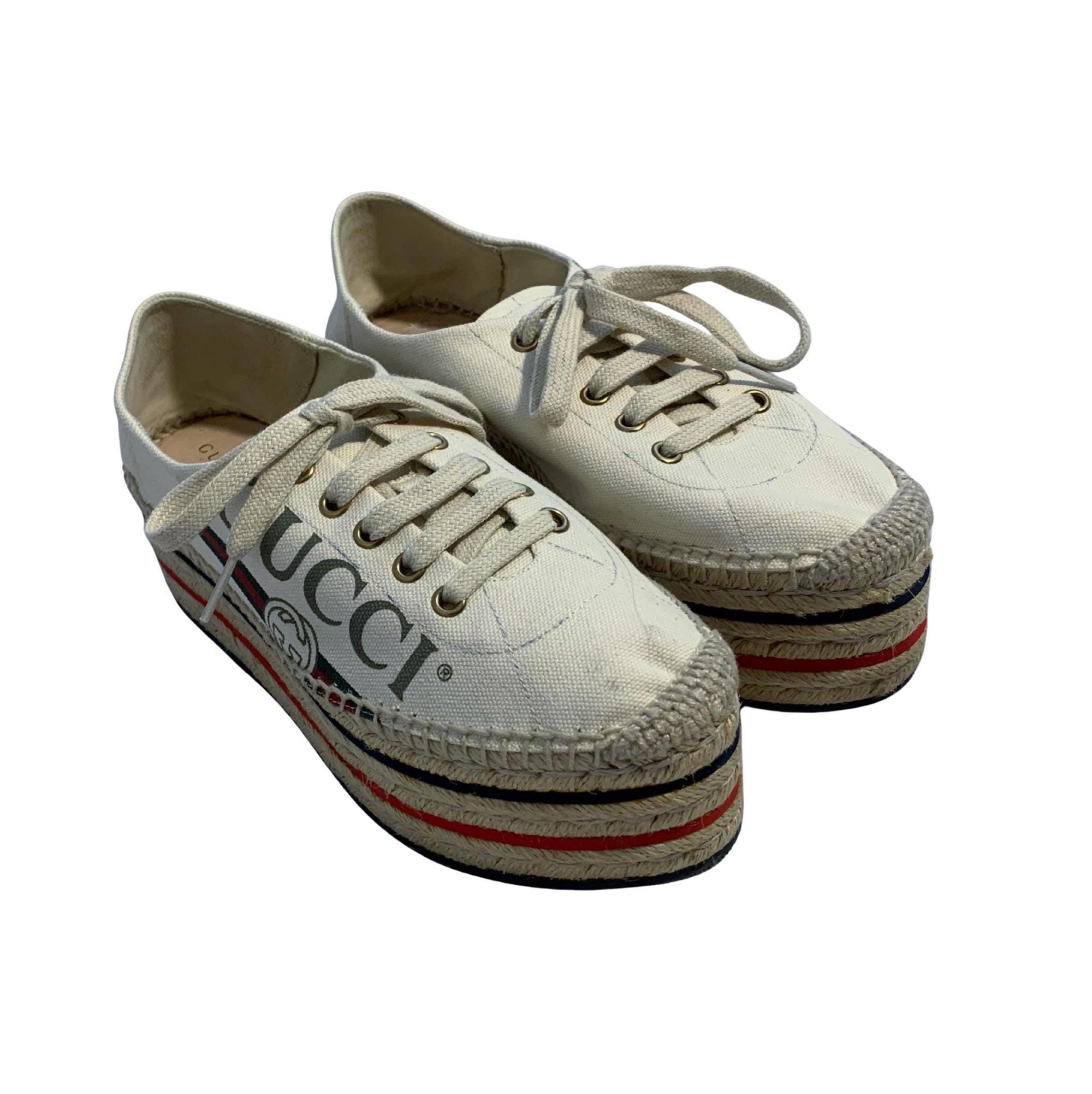Gucci Canvas Platform Espadrille Sneakers – Web Accent, Interlocking G, Jute Trim, Lace-Up, Size 37.5, Authentic Designer Shoes