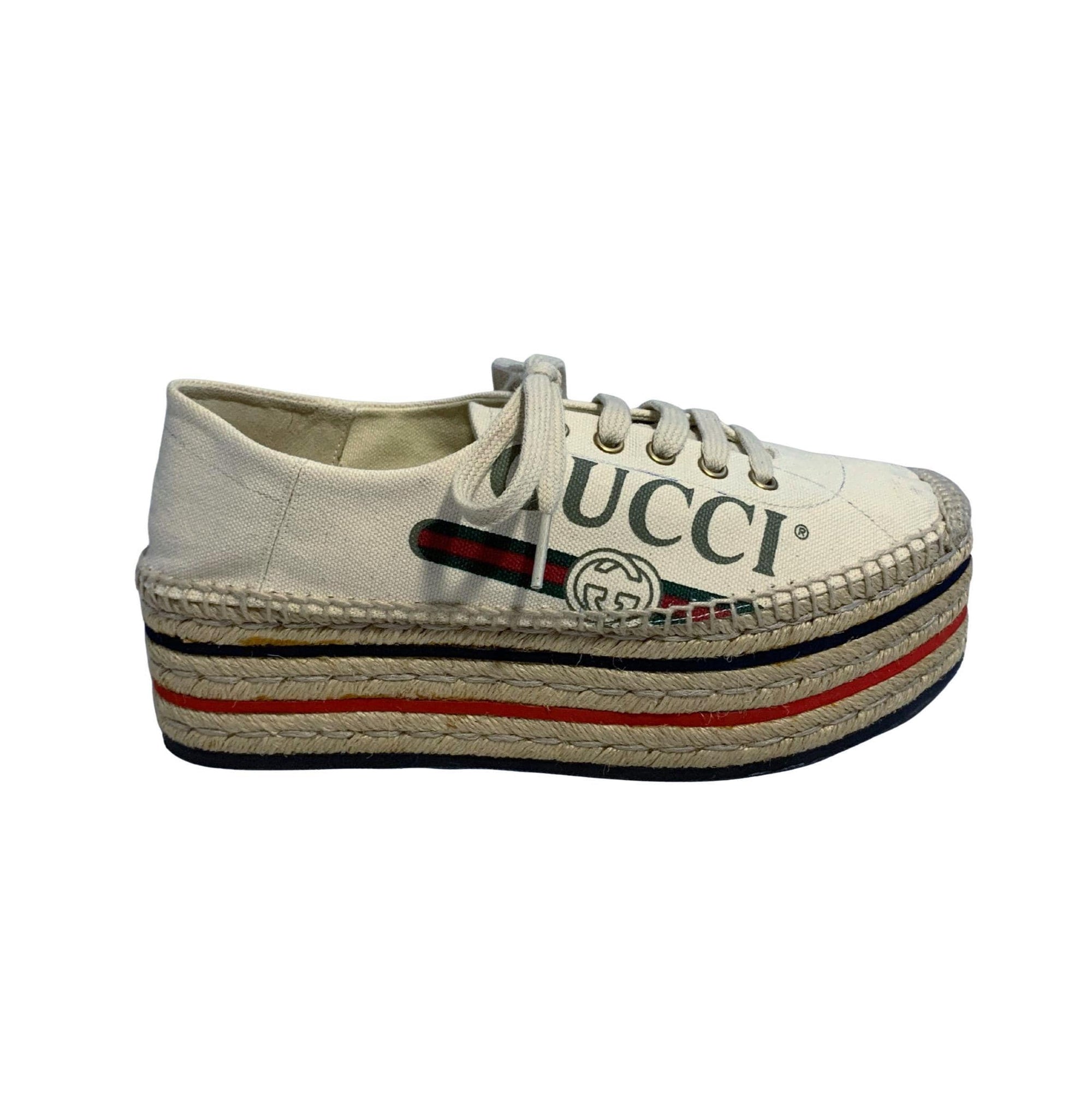Gucci Canvas Platform Espadrille Sneakers – Web Accent, Interlocking G, Jute Trim, Lace-Up, Size 37.5, Authentic Designer Shoes