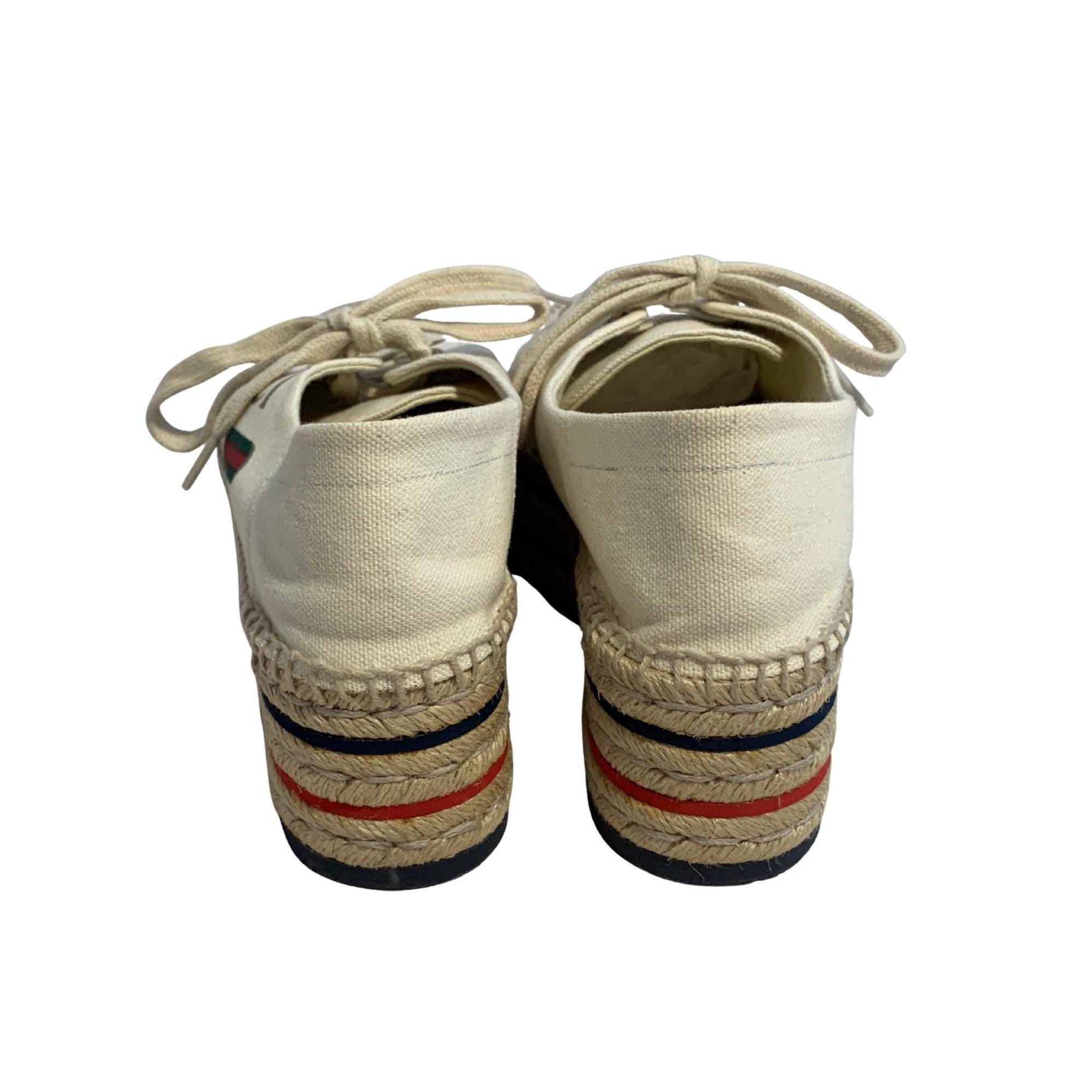 Gucci Canvas Platform Espadrille Sneakers – Web Accent, Interlocking G, Jute Trim, Lace-Up, Size 37.5, Authentic Designer Shoes
