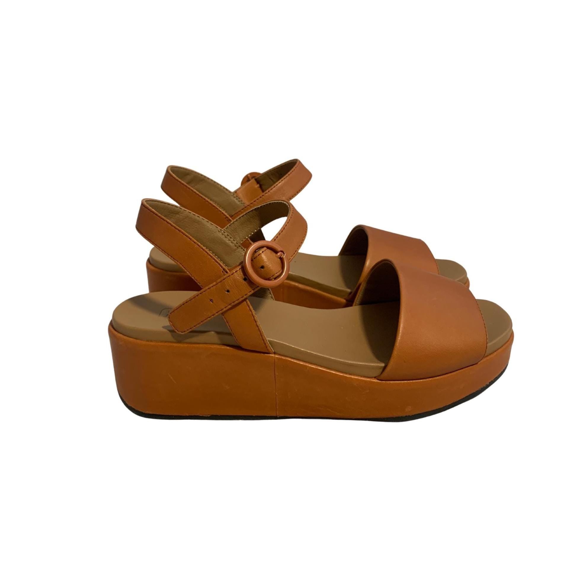 Camper Misia Platform Wedge Sandals – Brown Calfskin Leather, Size 39, Cushioned Sole, Adjustable Strap, Never Worn, Minimalist Style