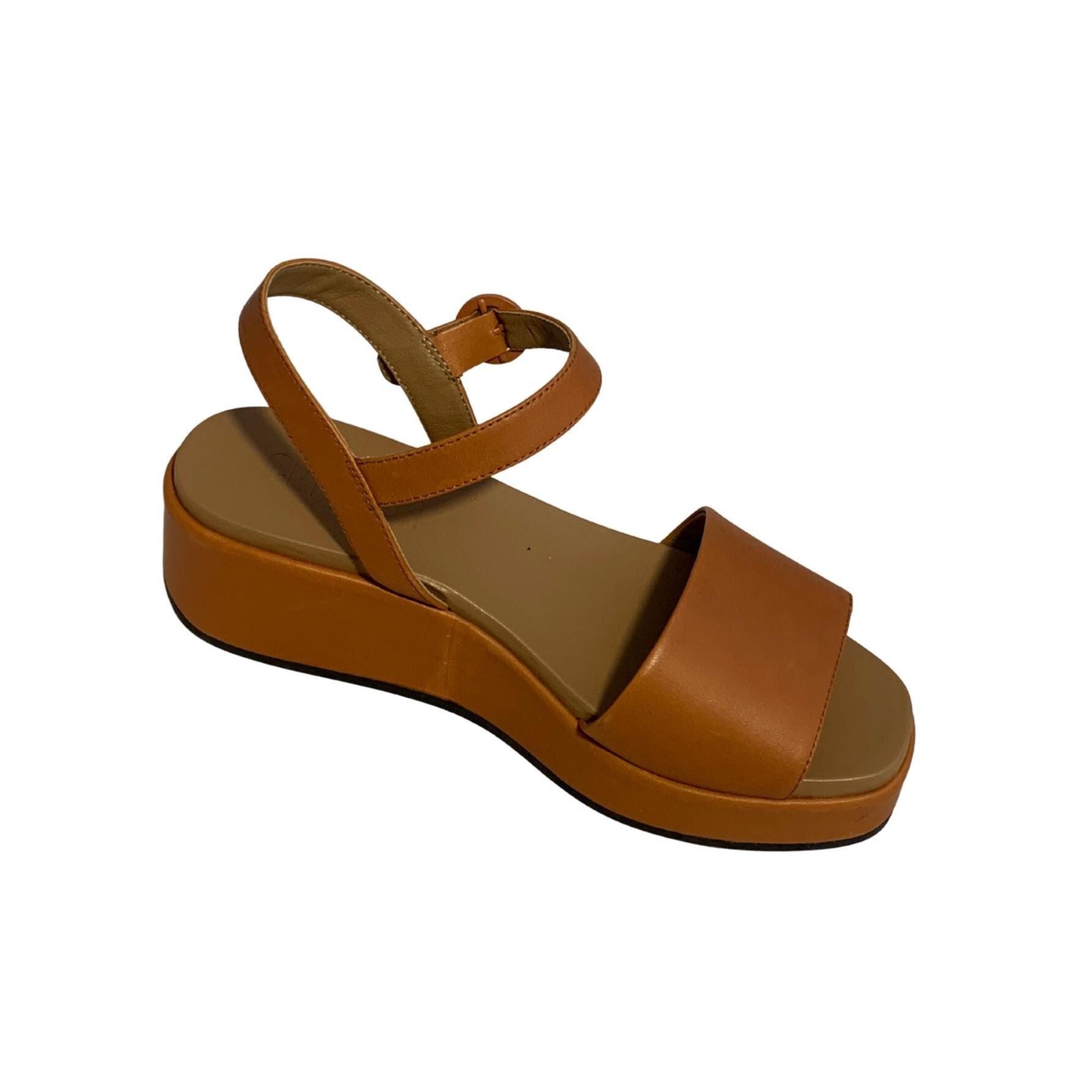Camper Misia Platform Wedge Sandals – Brown Calfskin Leather, Size 39, Cushioned Sole, Adjustable Strap, Never Worn, Minimalist Style