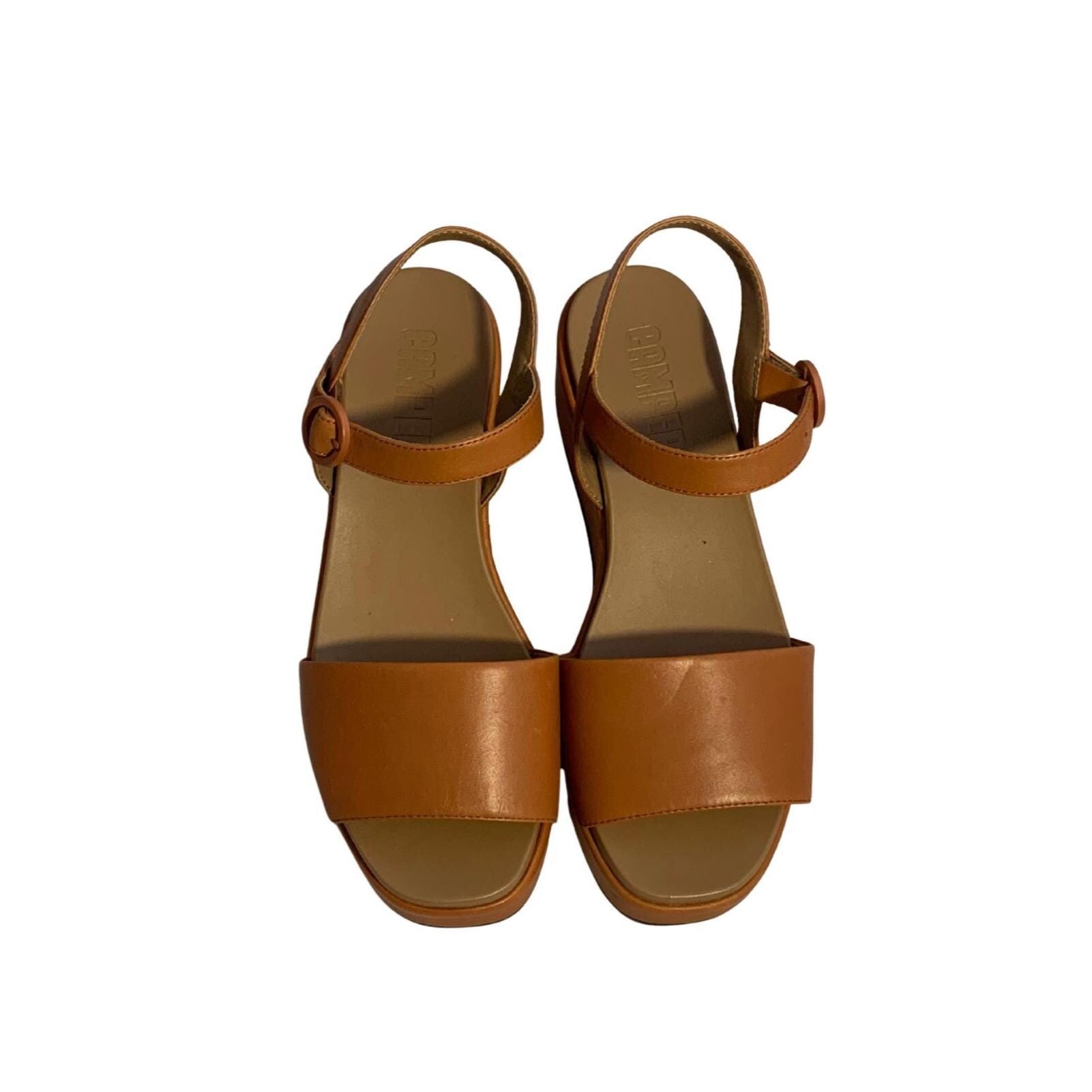 Camper Misia Platform Wedge Sandals – Brown Calfskin Leather, Size 39, Cushioned Sole, Adjustable Strap, Never Worn, Minimalist Style