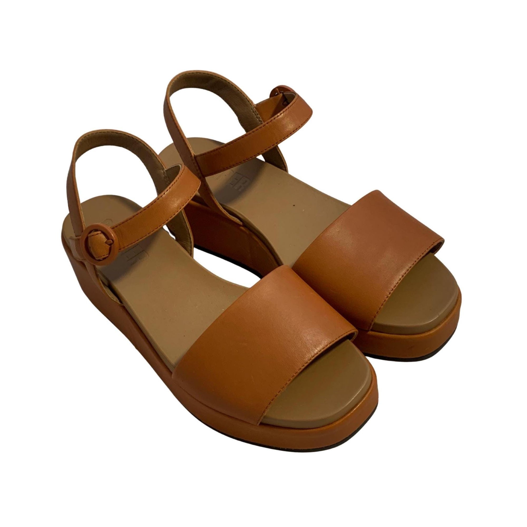 Camper Misia Platform Wedge Sandals – Brown Calfskin Leather, Size 39, Cushioned Sole, Adjustable Strap, Never Worn, Minimalist Style