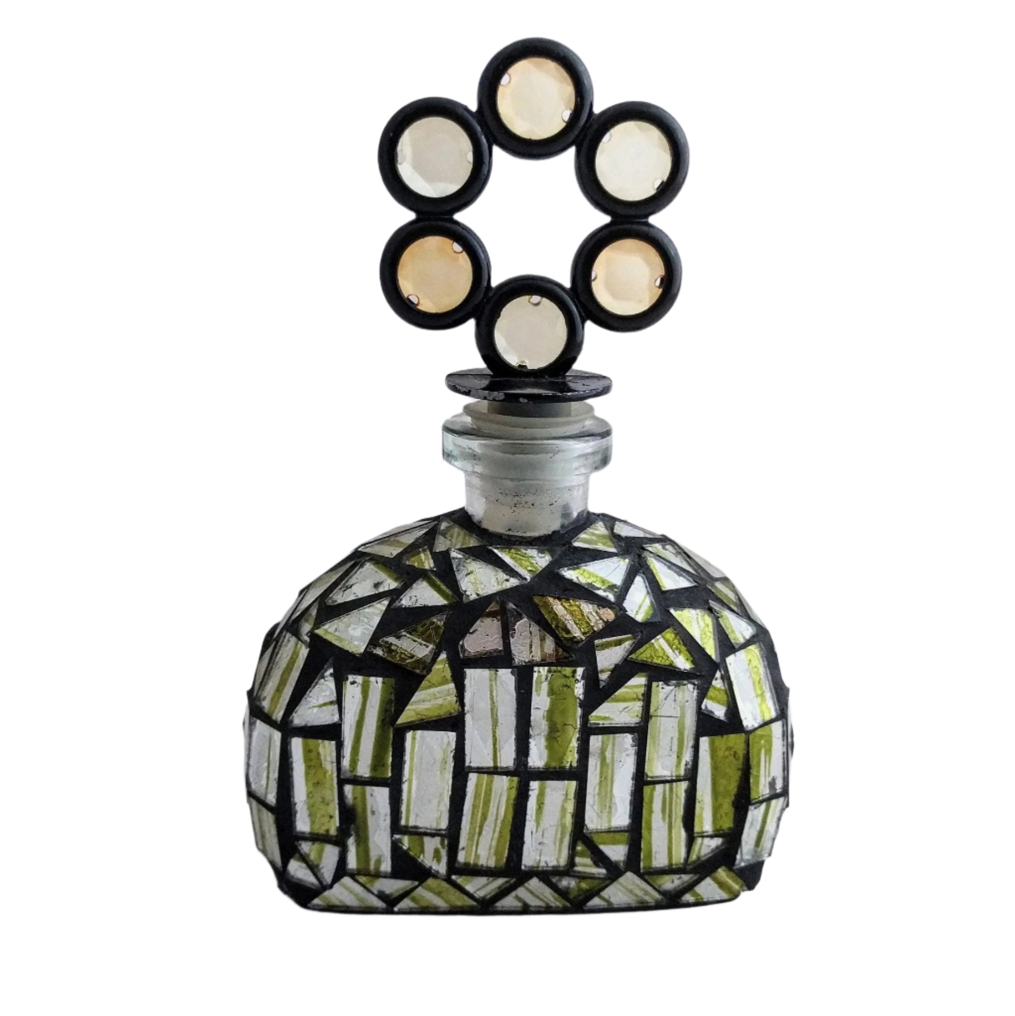 Rare vintage glass mosaic perfume bottle with green and silver glass, 6.25 inches tall - Vintage perfume bottle with mosaic glass stopper, silver and green glass design