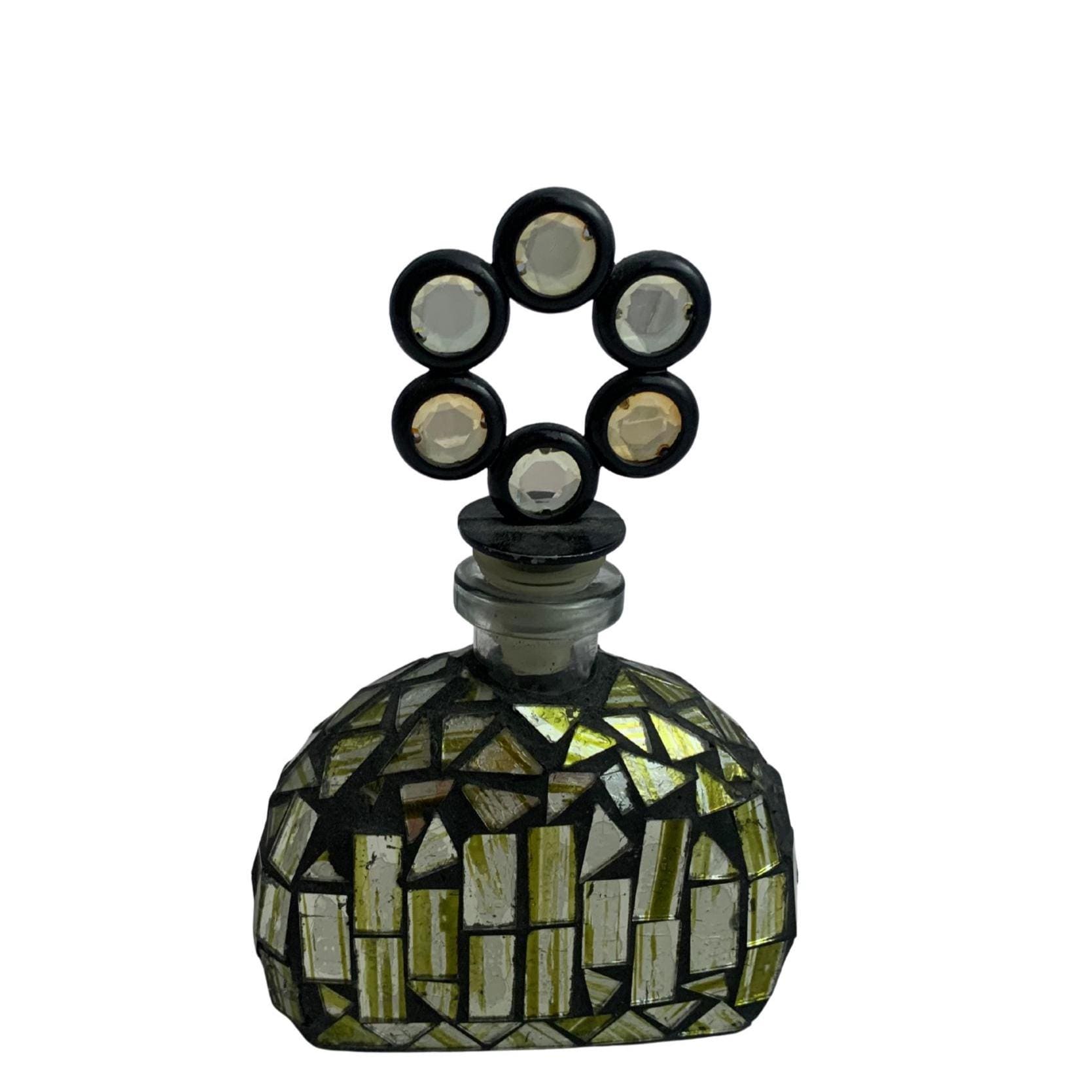 Rare Vintage Glass Mosaic Perfume Bottle with Stopper – Green and Silver Glass, 6.25" Tall, Collectible Perfume Bottle