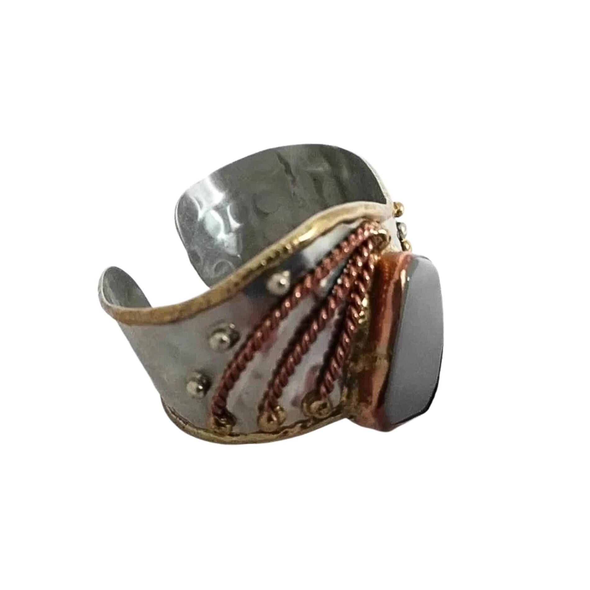 Original Art Nouveau Cuff Bracelet – Handcrafted Mixed Metals Brutalist Jewelry, Glass & Copper, Adjustable Steel Bangle