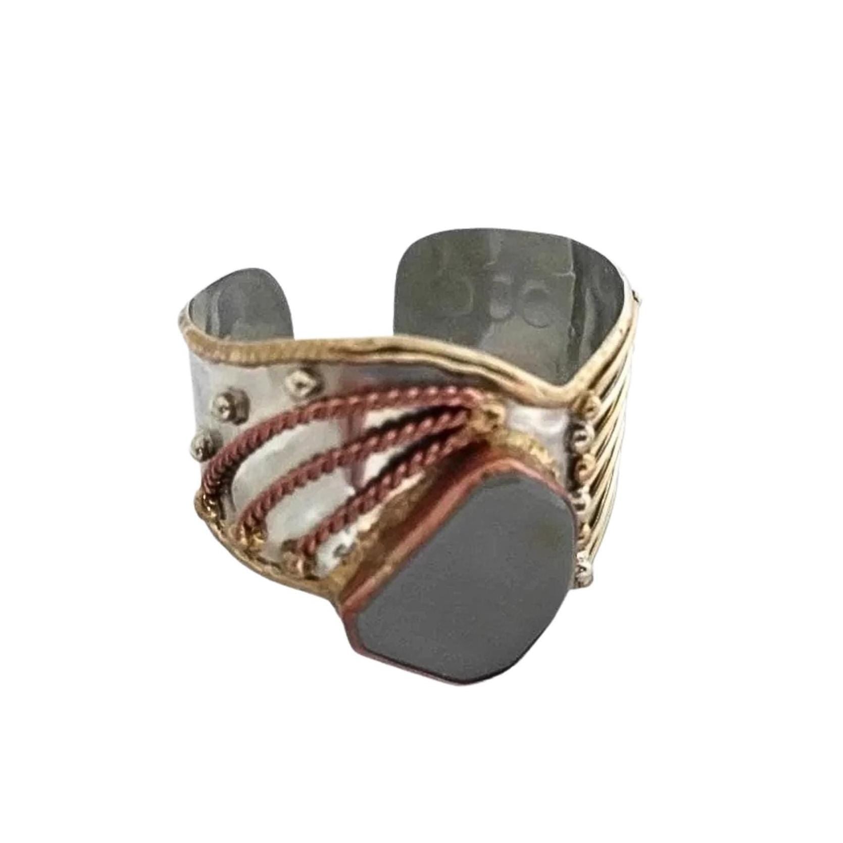 Original Art Nouveau Cuff Bracelet – Handcrafted Mixed Metals Brutalist Jewelry, Glass & Copper, Adjustable Steel Bangle