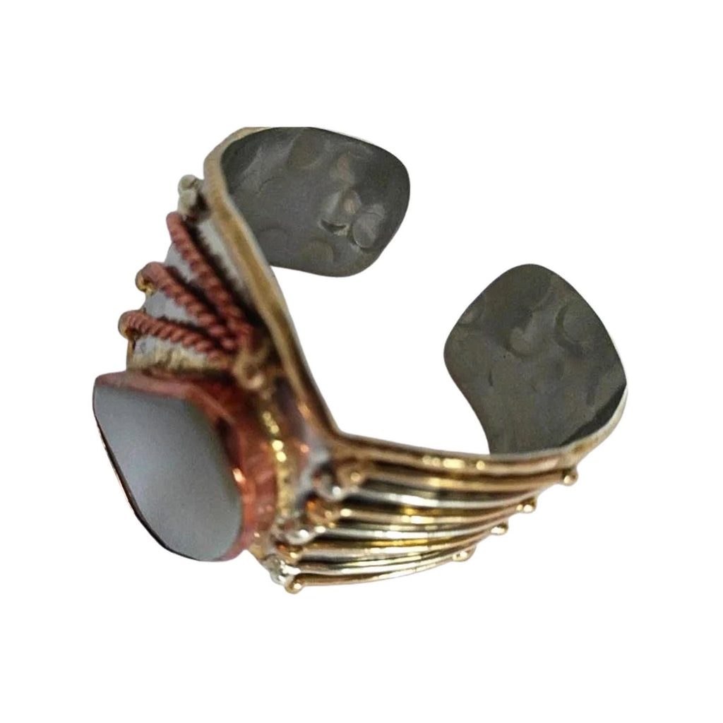 Original Art Nouveau Cuff Bracelet – Handcrafted Mixed Metals Brutalist Jewelry, Glass & Copper, Adjustable Steel Bangle