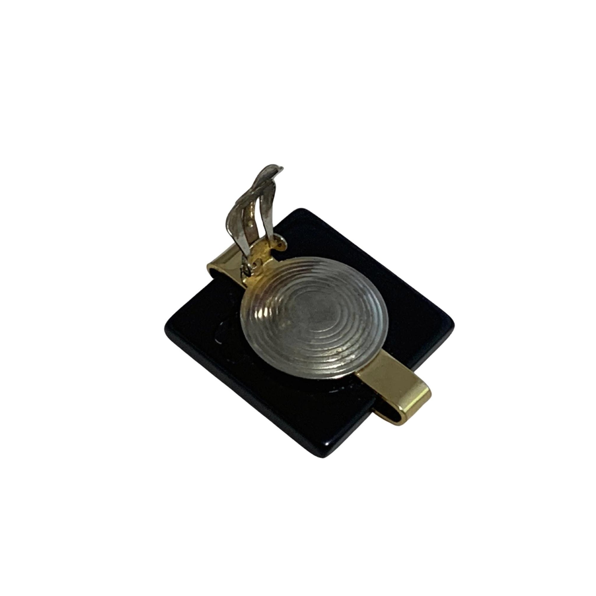 Vintage Art Deco Clip‑On Earrings – Black Bakelite, Rhinestone & Gold Tone, Oversized 1.5″