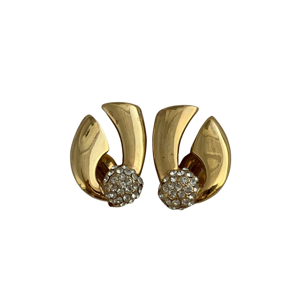 Vintage P&M Paris Gold-Plated Couture Clip-On Earrings – Crystal Encrusted, Designer Stamped
