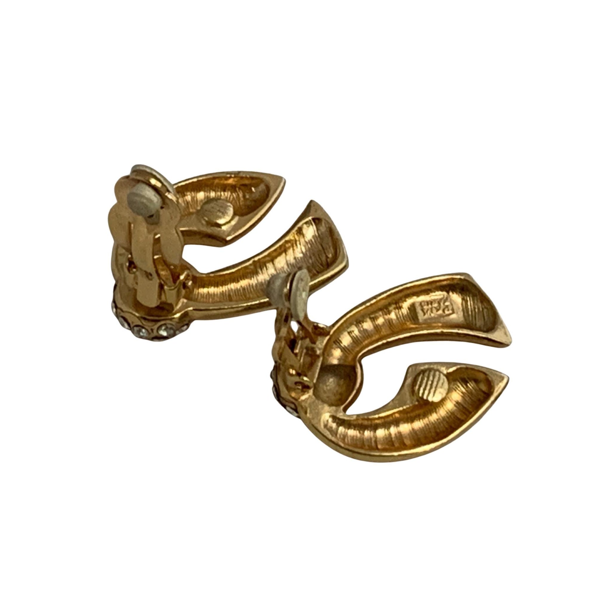 Vintage P&M Paris Gold-Plated Couture Clip-On Earrings – Crystal Encrusted, Designer Stamped