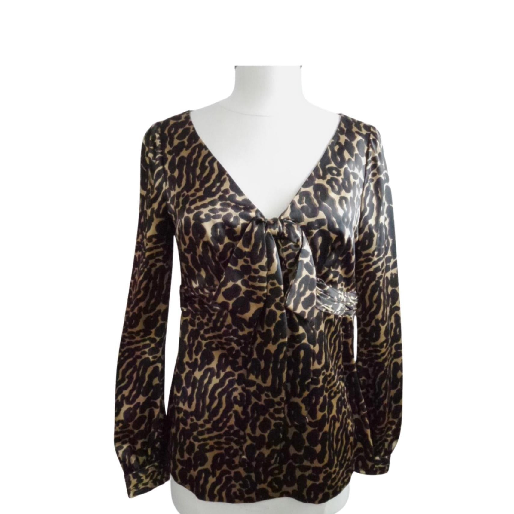 Tory Burch Stevie Silk Leopard Print Blouse – 100% Silk, Size S/M, Bow Neckline, Hidden Zip, Designer Preloved Top, Animal Print