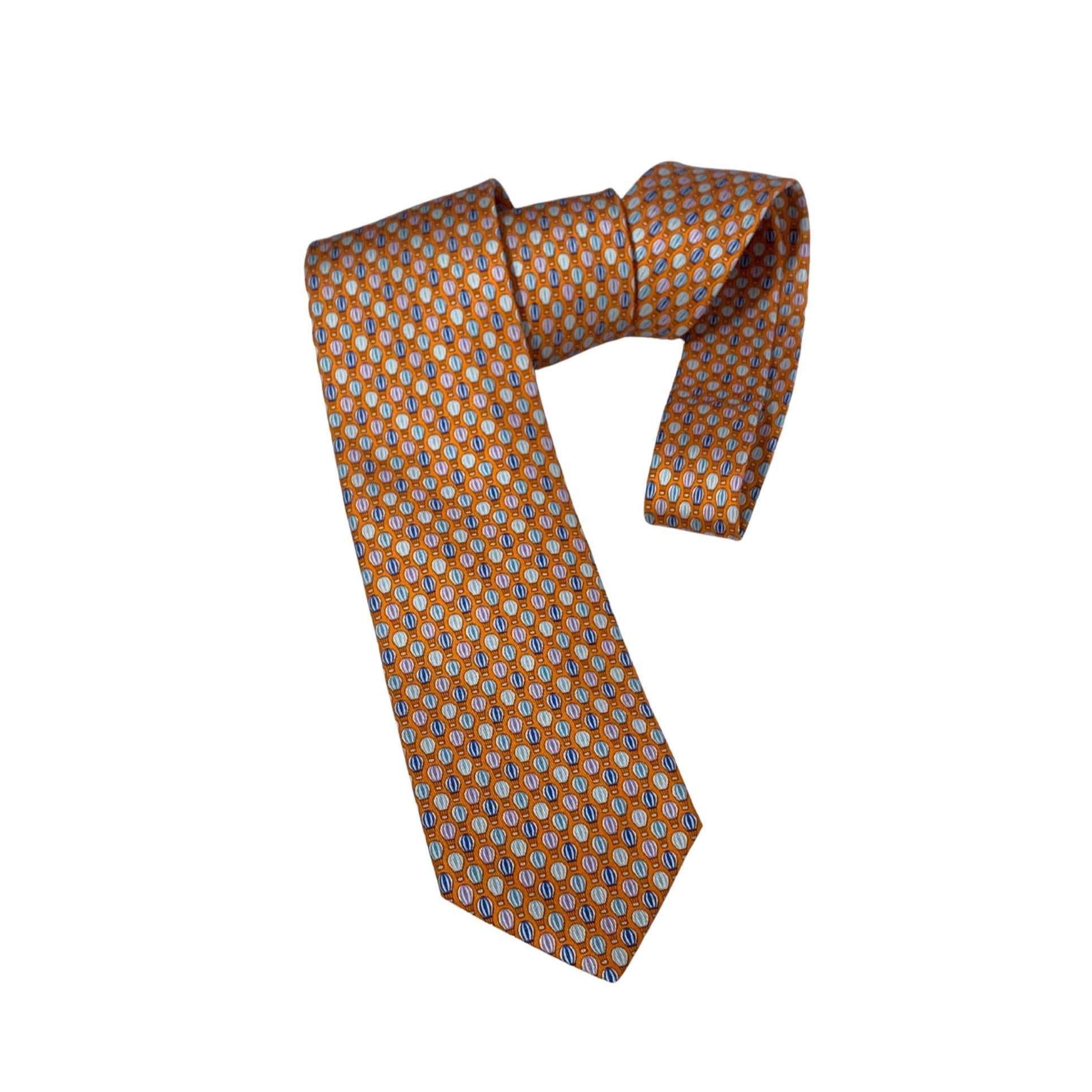 Hermes Silk Tie – Hot Air Balloon Motif, Orange with Lilac, Blue & White, Made in France, 100% Silk Necktie, Preloved Gift Idea