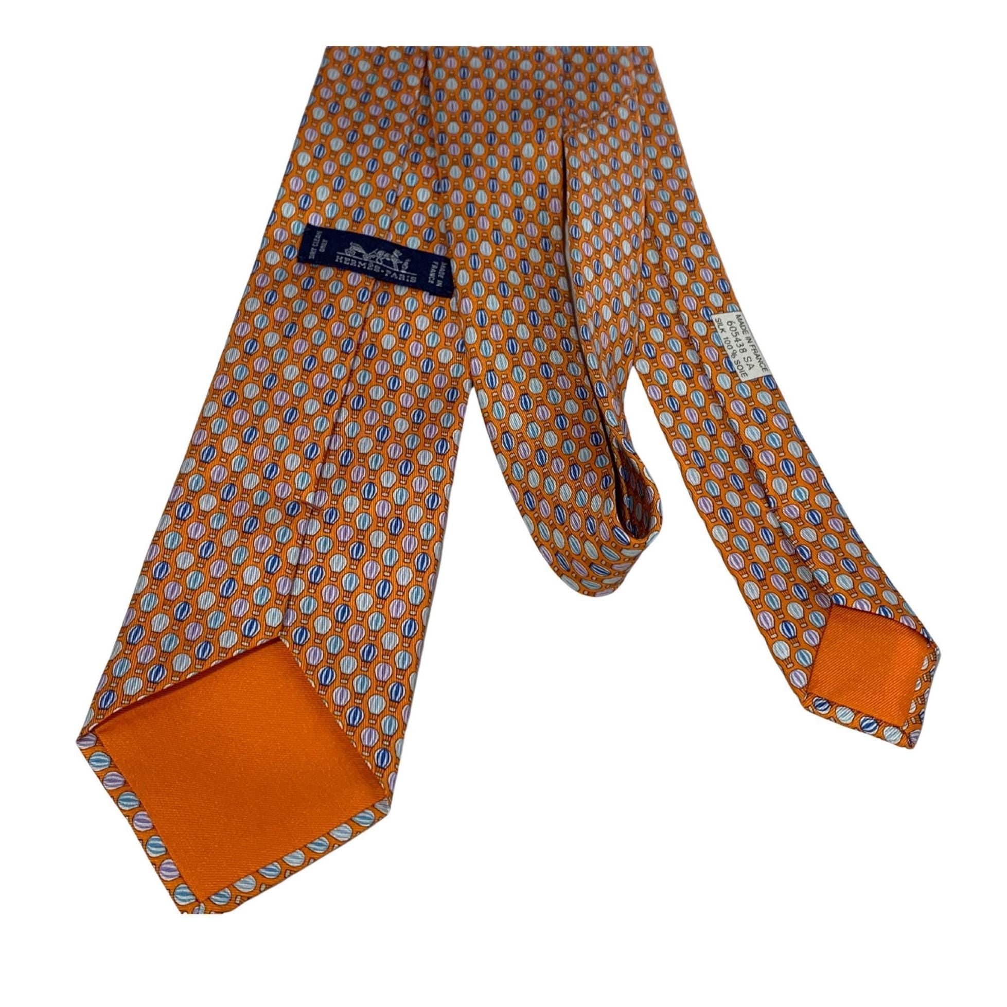 Hermes Silk Tie – Hot Air Balloon Motif, Orange with Lilac, Blue & White, Made in France, 100% Silk Necktie, Preloved Gift Idea