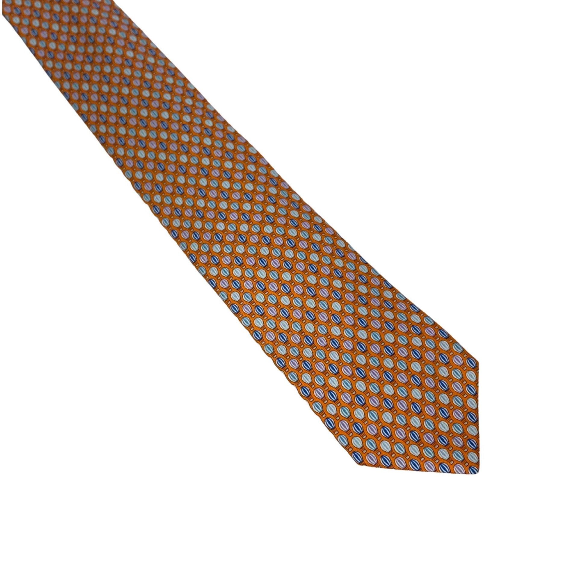Hermes Silk Tie – Hot Air Balloon Motif, Orange with Lilac, Blue & White, Made in France, 100% Silk Necktie, Preloved Gift Idea