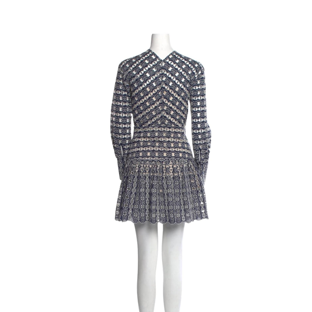 Sandro Paris Chain Eyelet Minidress – Blue & White Scalloped Dress, Size M, Fully Lined, Flattering Fit, Preloved