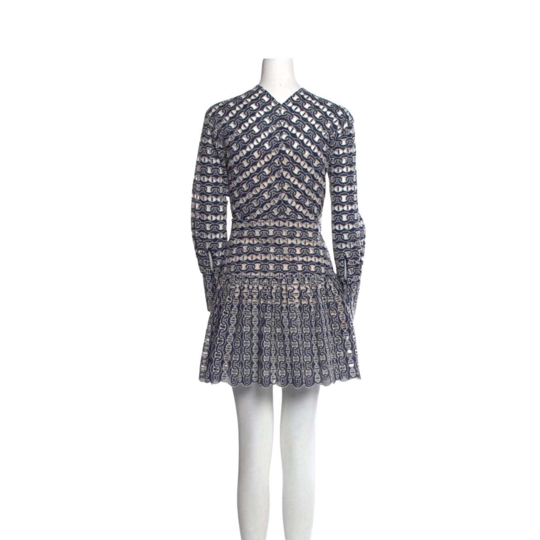Sandro Paris Chain Eyelet Minidress – Blue & White Scalloped Dress, Size M, Fully Lined, Flattering Fit, Preloved