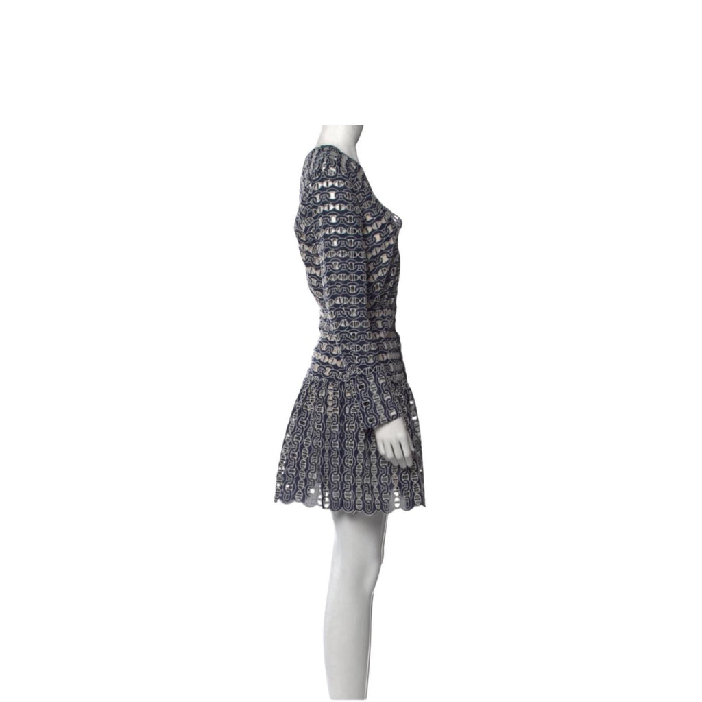 Sandro Paris Chain Eyelet Minidress – Blue & White Scalloped Dress, Size M, Fully Lined, Flattering Fit, Preloved