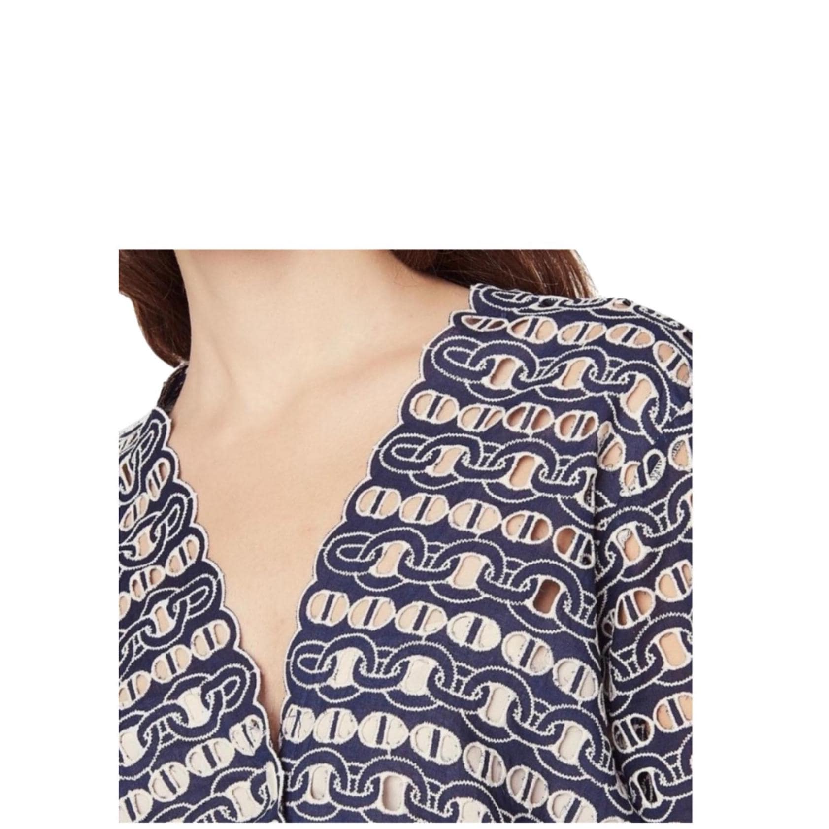 Sandro Paris Chain Eyelet Minidress – Blue & White Scalloped Dress, Size M, Fully Lined, Flattering Fit, Preloved