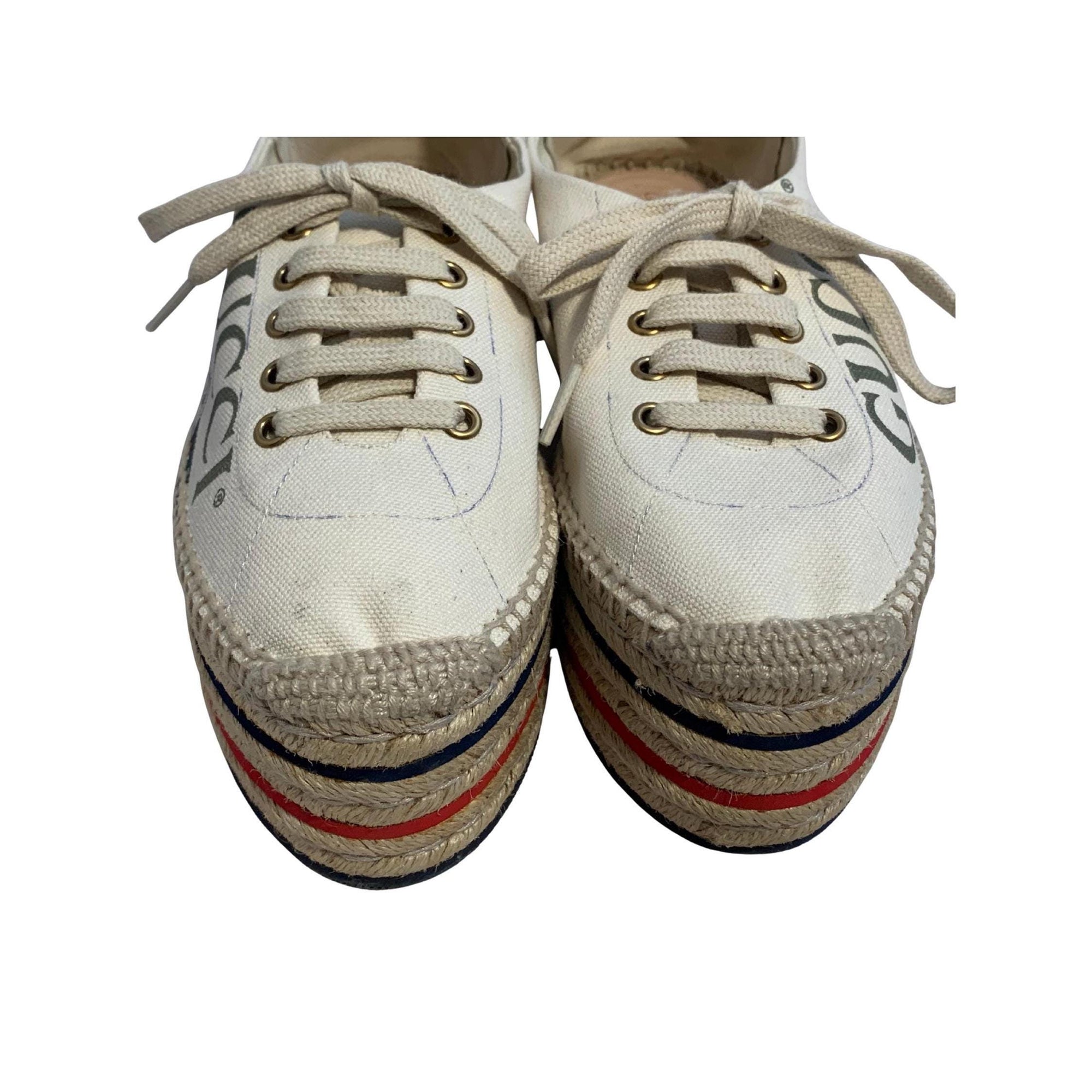 Gucci Canvas Platform Espadrille Sneakers – Web Accent, Interlocking G, Jute Trim, Lace-Up, Size 37.5, Authentic Designer Shoes