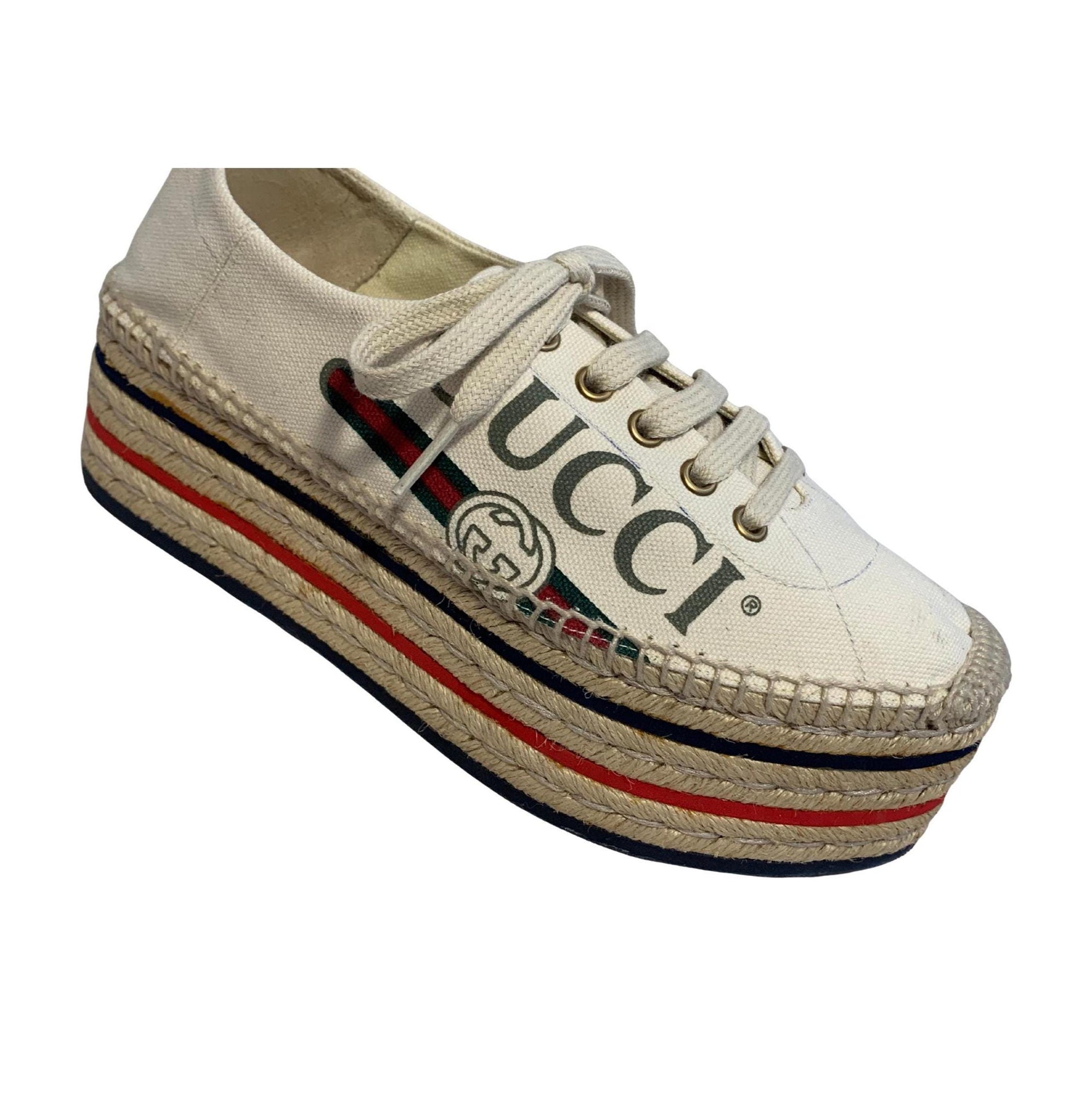 Gucci Canvas Platform Espadrille Sneakers – Web Accent, Interlocking G, Jute Trim, Lace-Up, Size 37.5, Authentic Designer Shoes