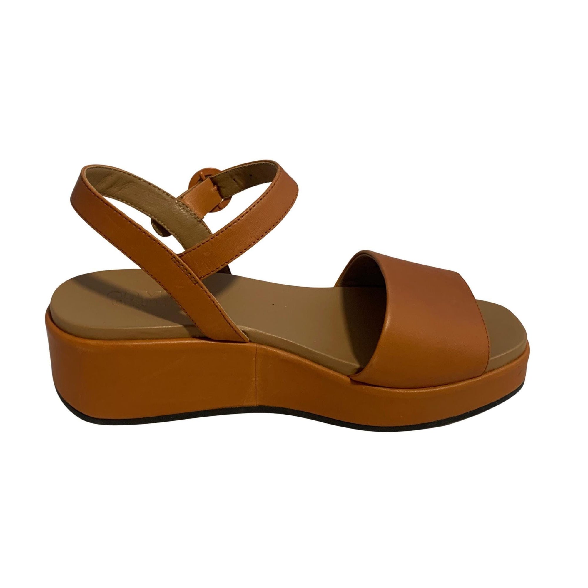 Camper Misia Platform Wedge Sandals – Brown Calfskin Leather, Size 39, Cushioned Sole, Adjustable Strap, Never Worn, Minimalist Style