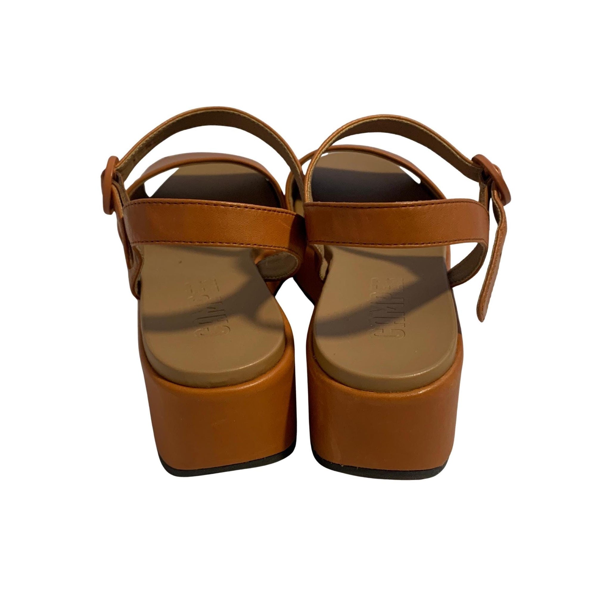 Camper Misia Platform Wedge Sandals – Brown Calfskin Leather, Size 39, Cushioned Sole, Adjustable Strap, Never Worn, Minimalist Style