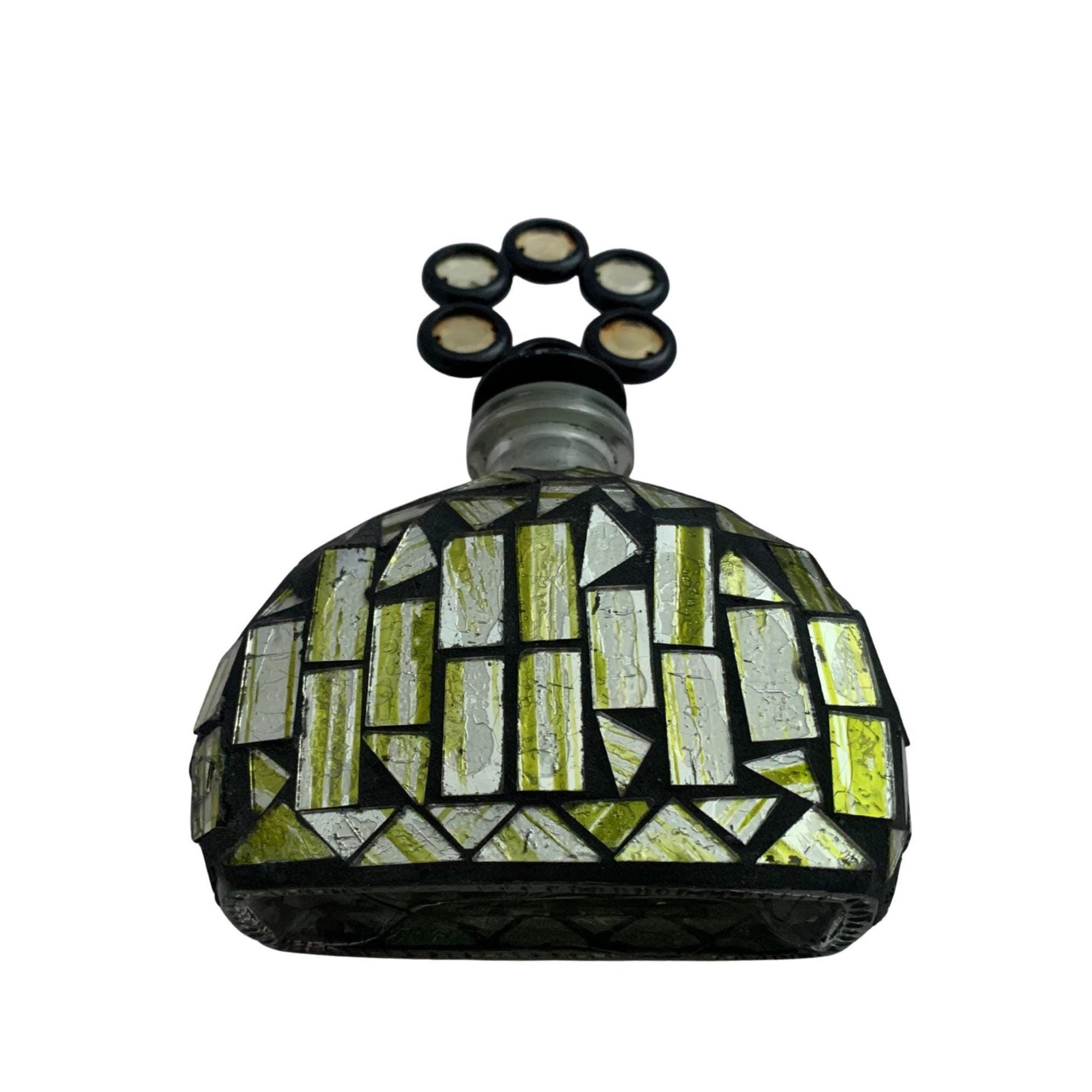 Rare Vintage Glass Mosaic Perfume Bottle with Stopper – Green and Silver Glass, 6.25" Tall, Collectible Perfume Bottle