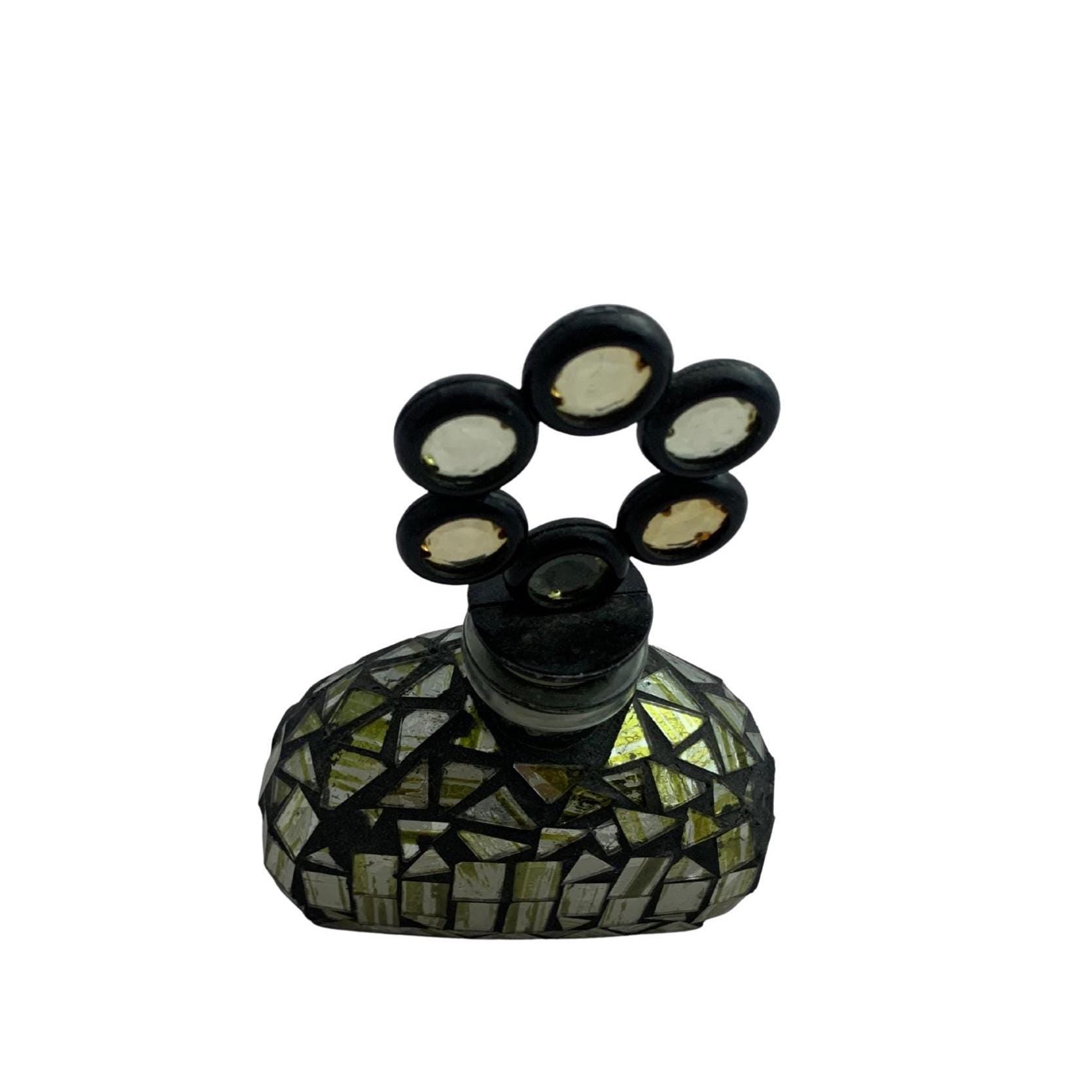 Rare Vintage Glass Mosaic Perfume Bottle with Stopper – Green and Silver Glass, 6.25" Tall, Collectible Perfume Bottle