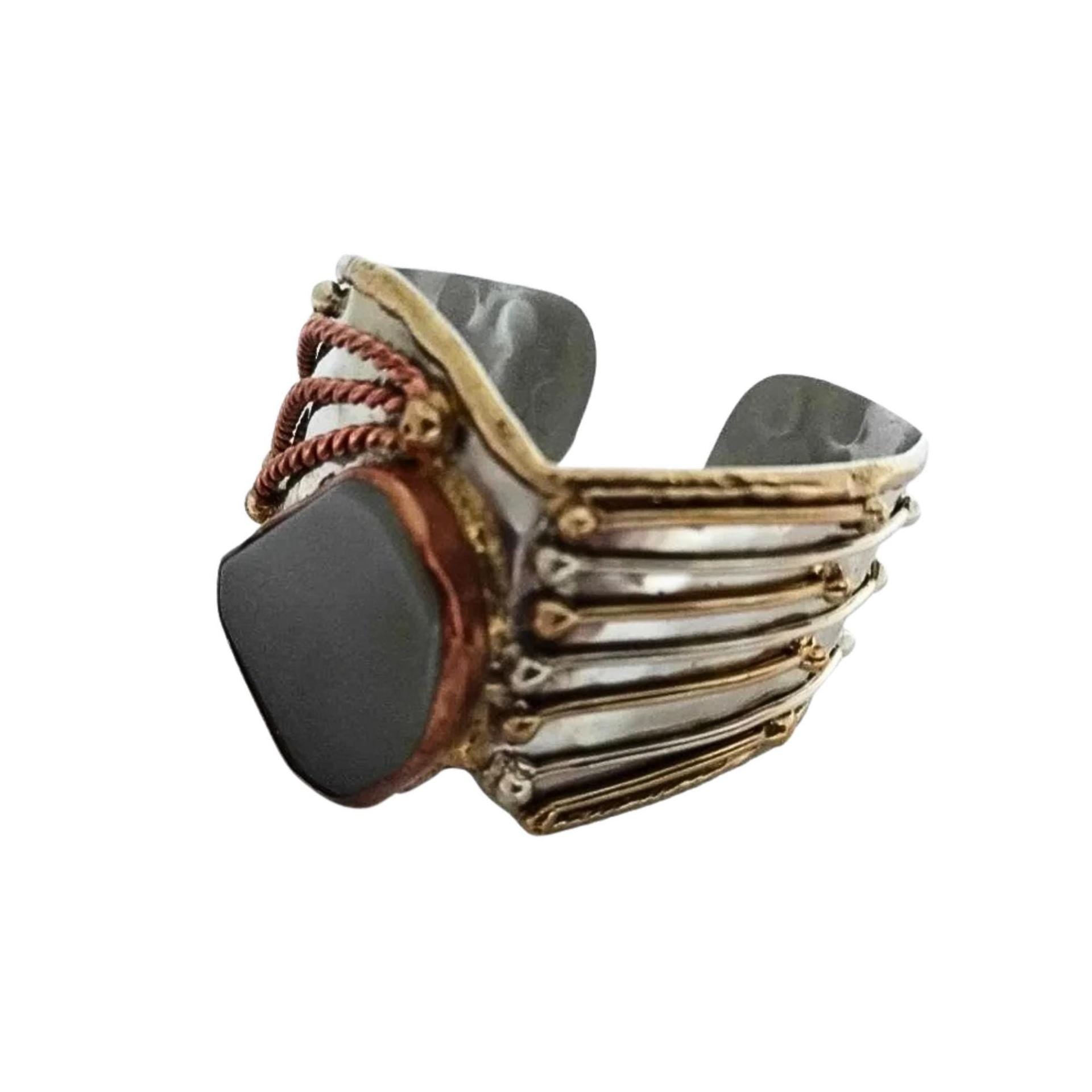 Original Art Nouveau Cuff Bracelet – Handcrafted Mixed Metals Brutalist Jewelry, Glass & Copper, Adjustable Steel Bangle