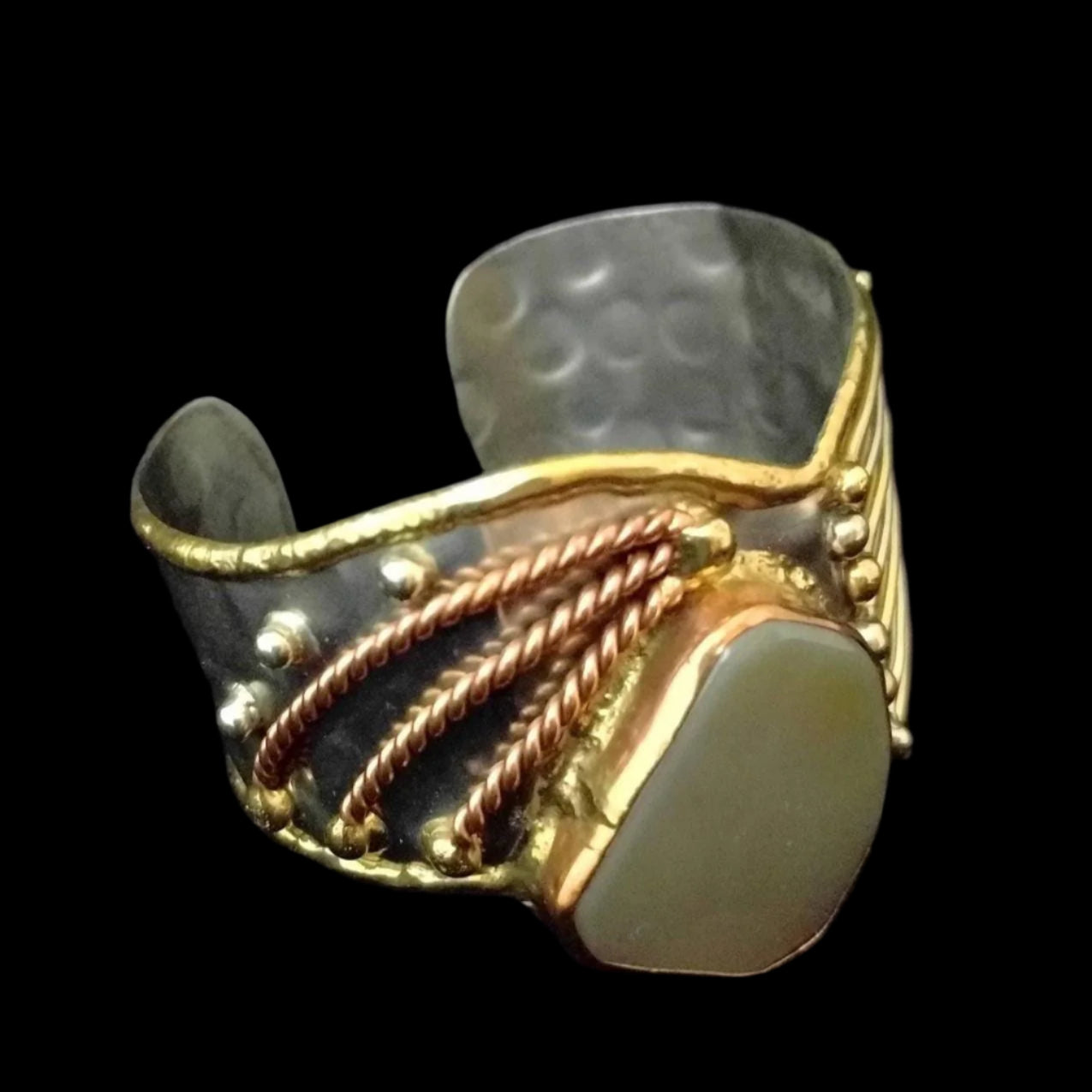 Original Art Nouveau Cuff Bracelet – Handcrafted Mixed Metals Brutalist Jewelry, Glass & Copper, Adjustable Steel Bangle