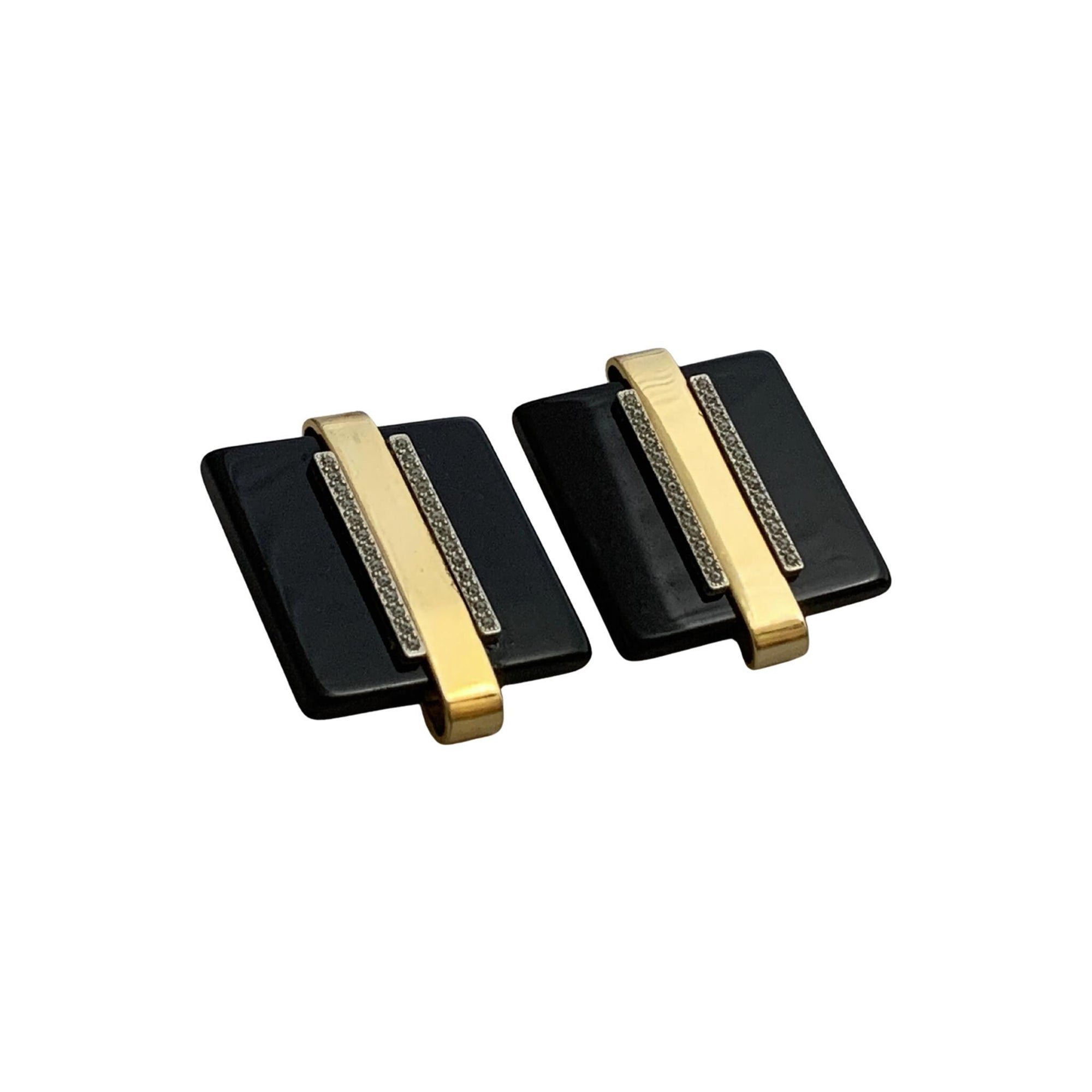 Vintage Art Deco Clip‑On Earrings – Black Bakelite, Rhinestone & Gold Tone, Oversized 1.5″