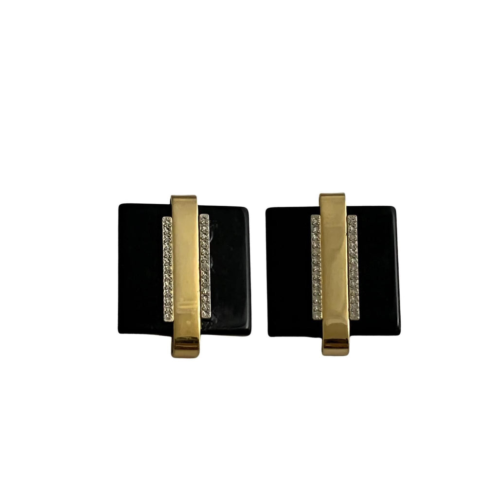 Vintage Art Deco Clip‑On Earrings – Black Bakelite, Rhinestone & Gold Tone, Oversized 1.5 inches